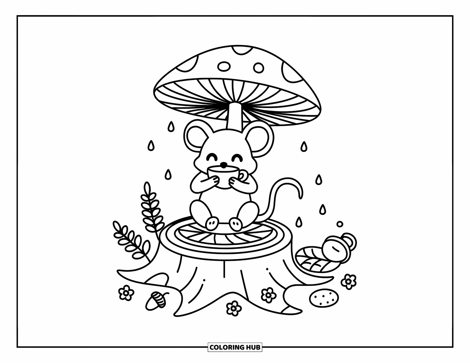 Mouse Coloring Page for Adults: A cozy mouse enjoys tea on a stump while raindrops fall from a mushroom cap