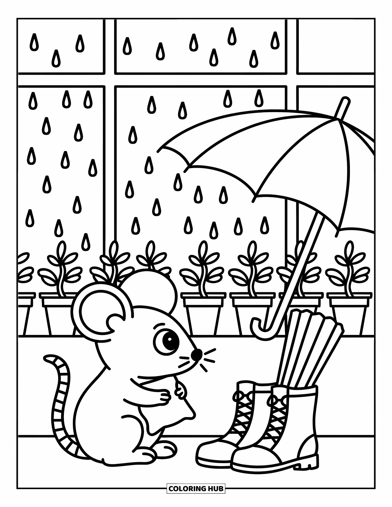 Mouse Coloring Page for Adults: A cozy mouse looks out the window as rain falls past potted plants and boots
