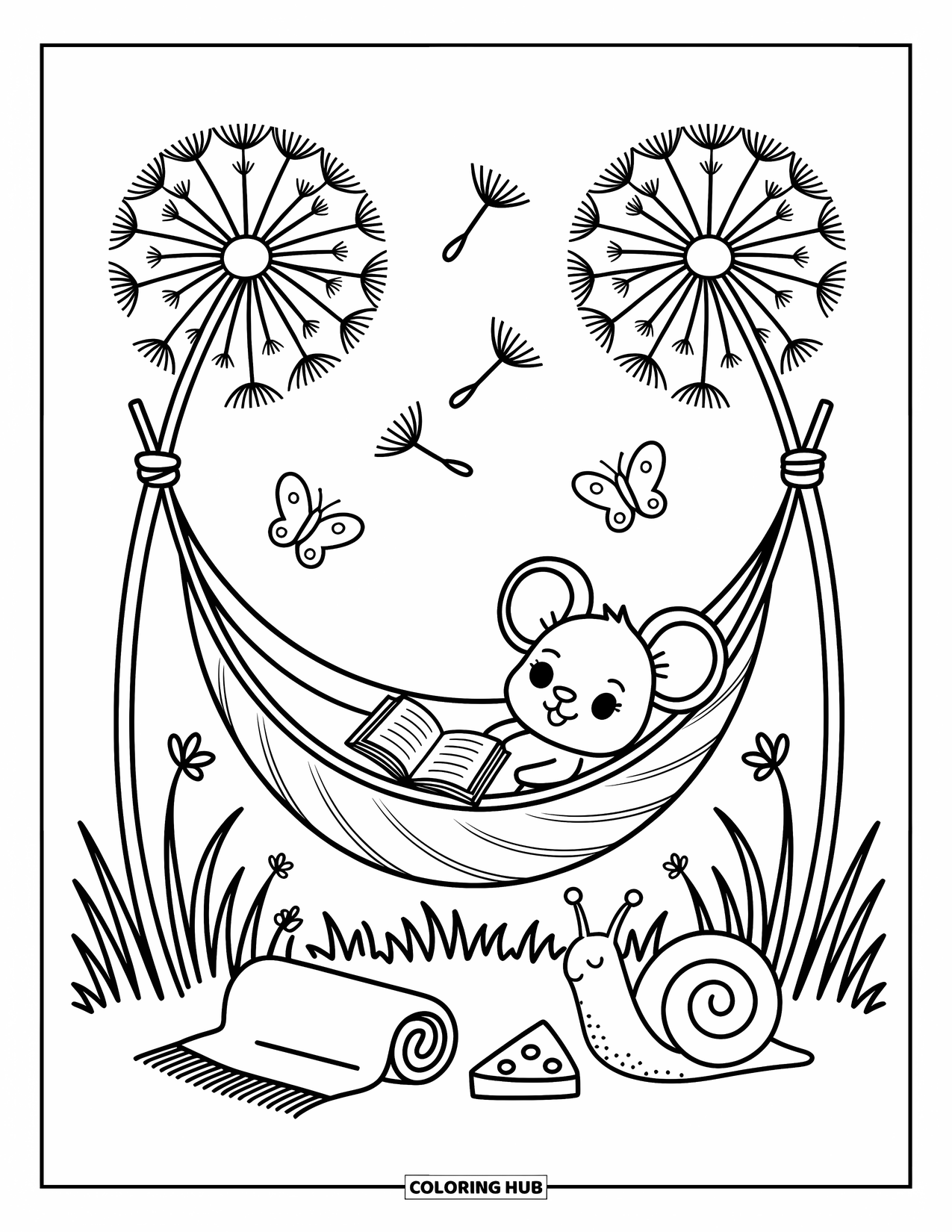 Mouse Coloring Page for Adults: A cozy mouse lounges in a hammock, reading beside cheese, a blanket, and butterflies