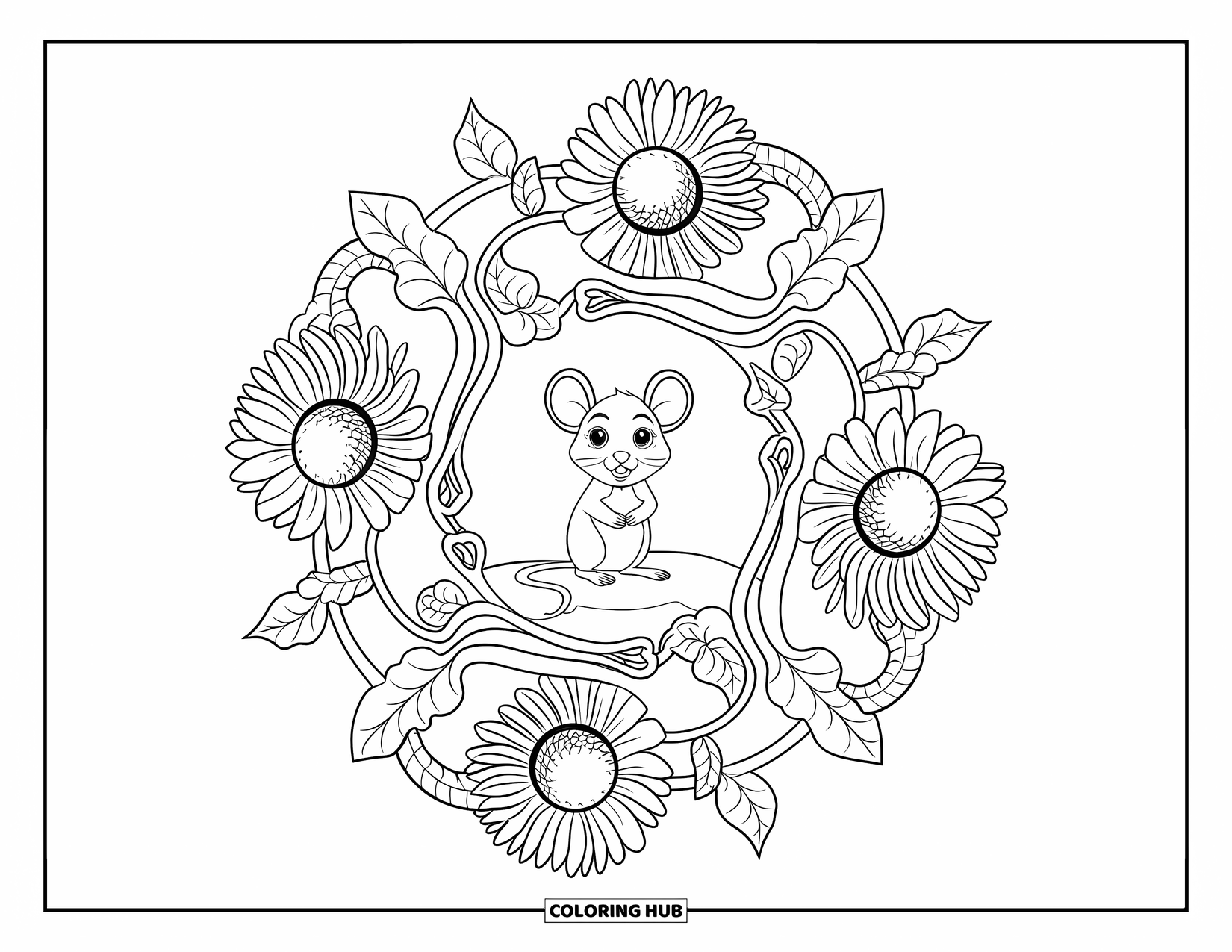 Mouse Coloring Page for Adults: A curious mouse sits on a rock surrounded by swirling ivy and blooming sunflowers