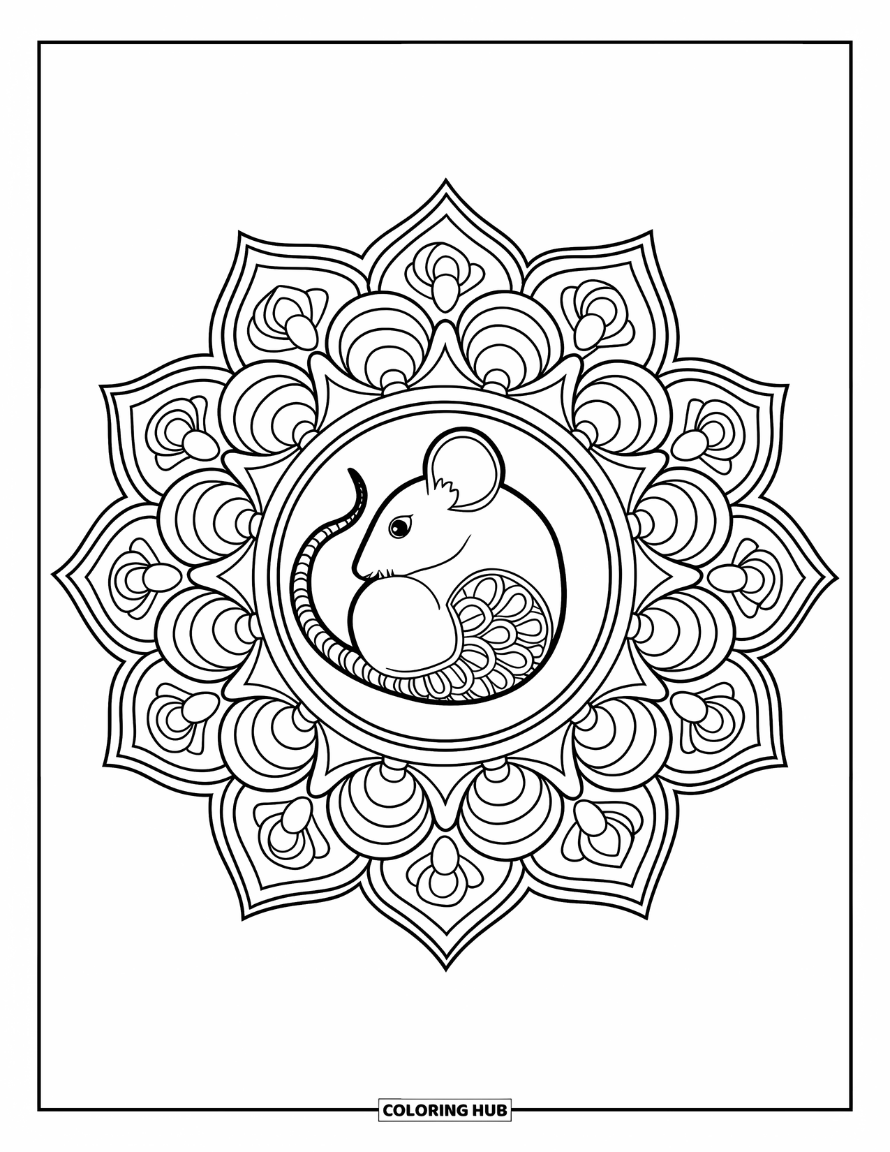 Mouse Coloring Page for Adults: A curled-up mouse sleeps at the center of a detailed mandala design