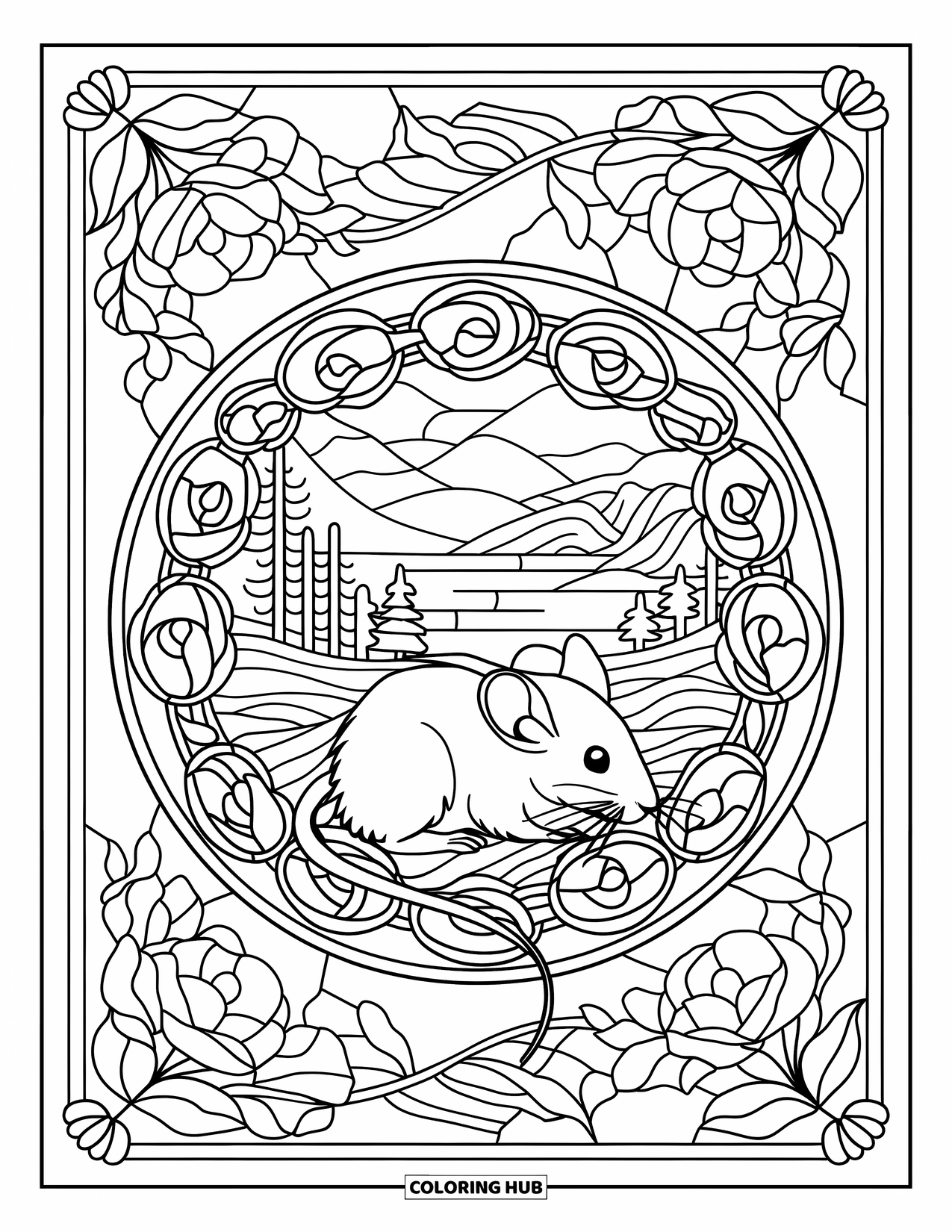 Mouse Coloring Page for Adults: A little mouse sits among roses and vines with a mountain scene in the background