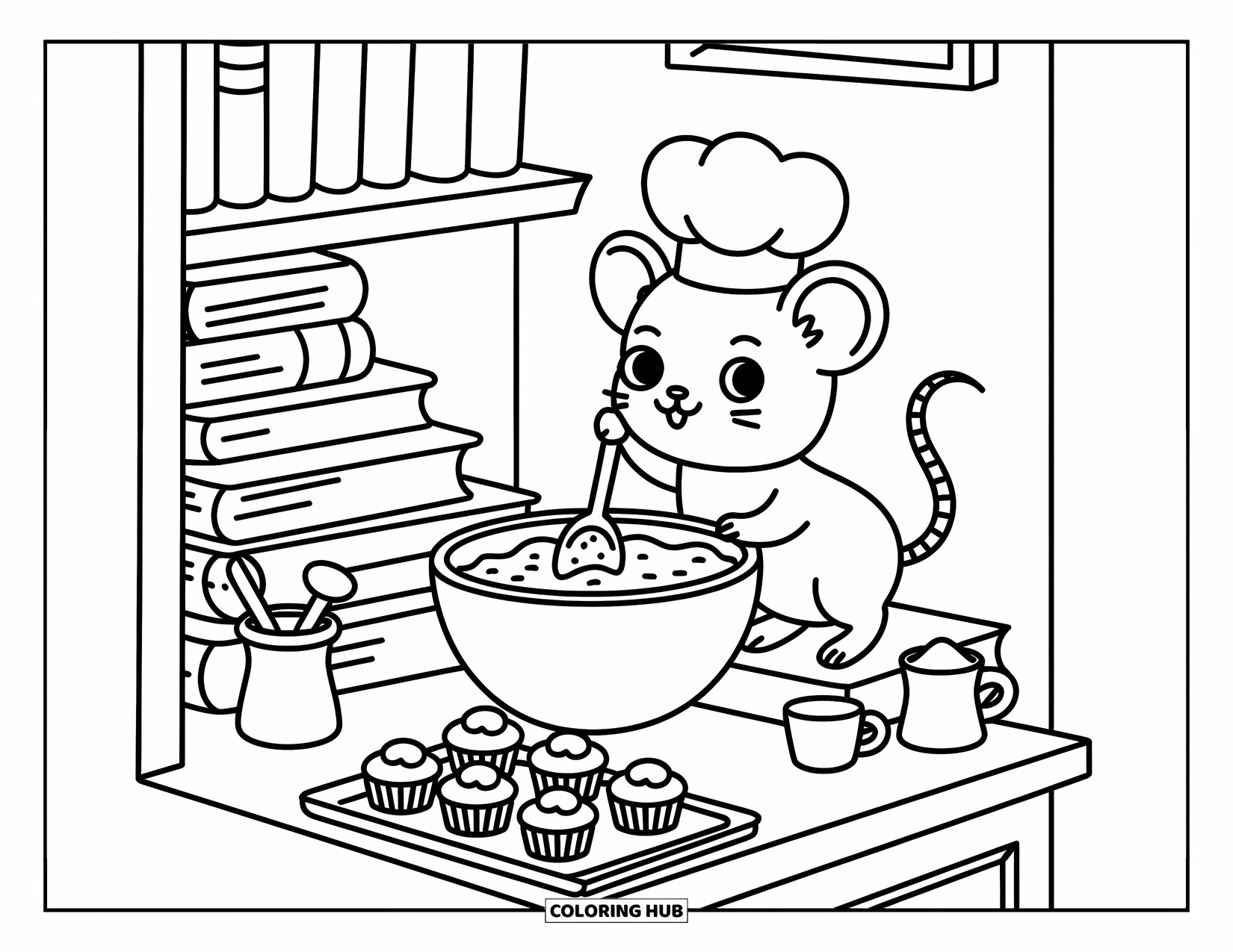 Mouse Coloring Page for Adults: A mouse chef balances on books while mixing cupcakes in a warm and inviting kitchen