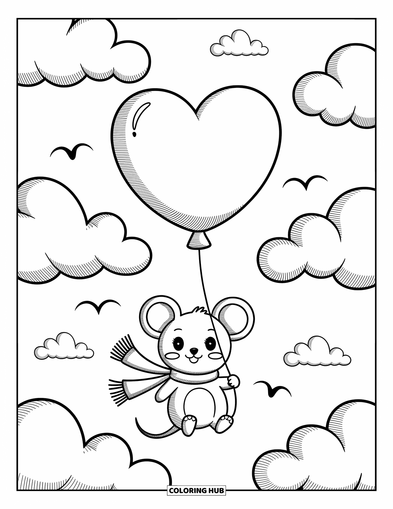 Mouse Coloring Page for Adults: A mouse clings to a heart balloon, soaring through the clouds with birds in the sky