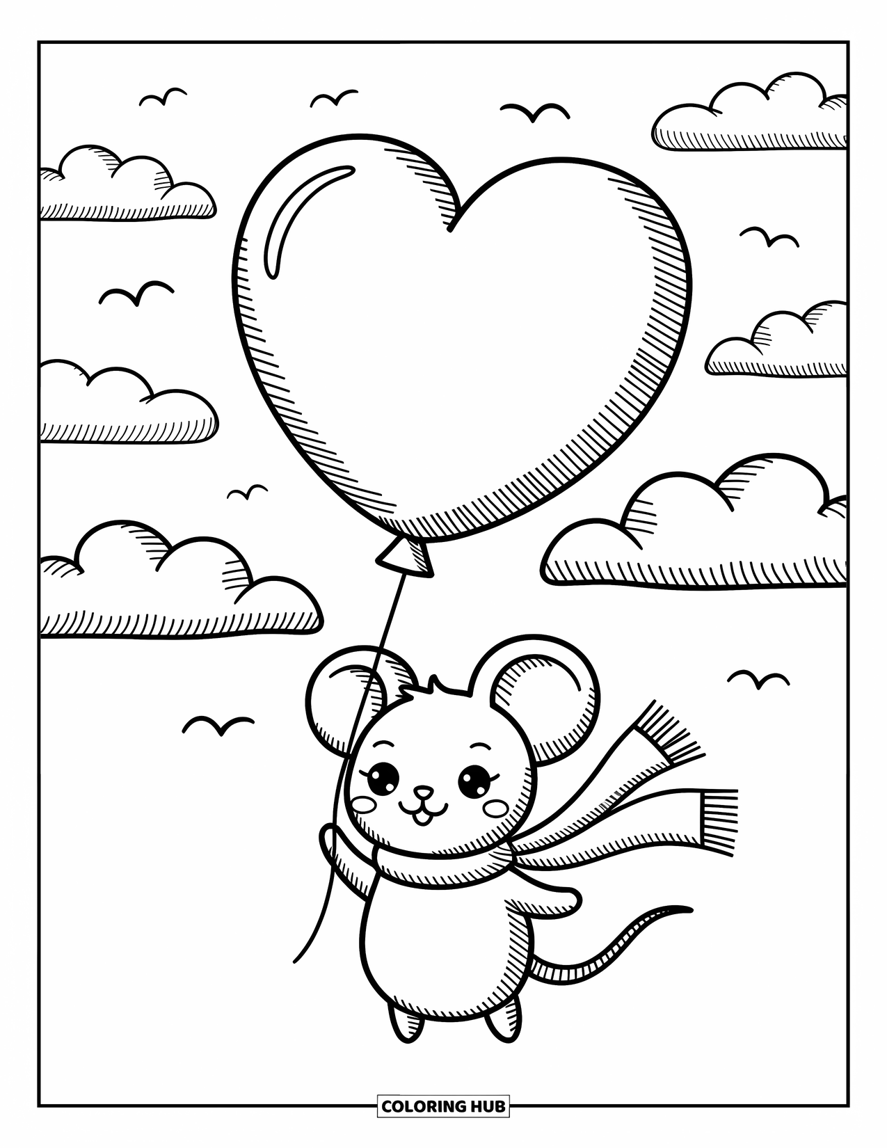 Mouse Coloring Page for Adults: A mouse drifts among fluffy clouds with a heart balloon and a fluttering scarf