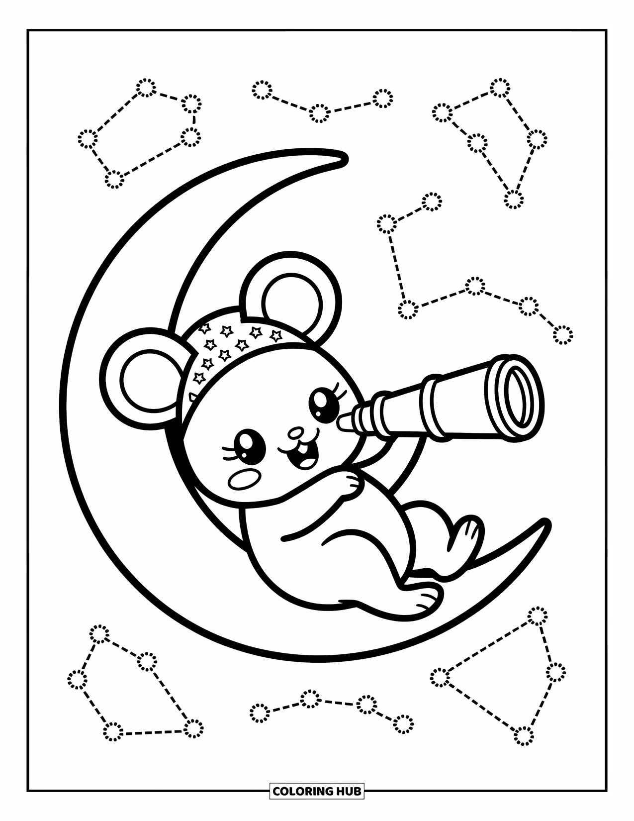 Mouse Coloring Page for Adults: A mouse in a nightcap lounges on a moon, stargazing with a little telescope
