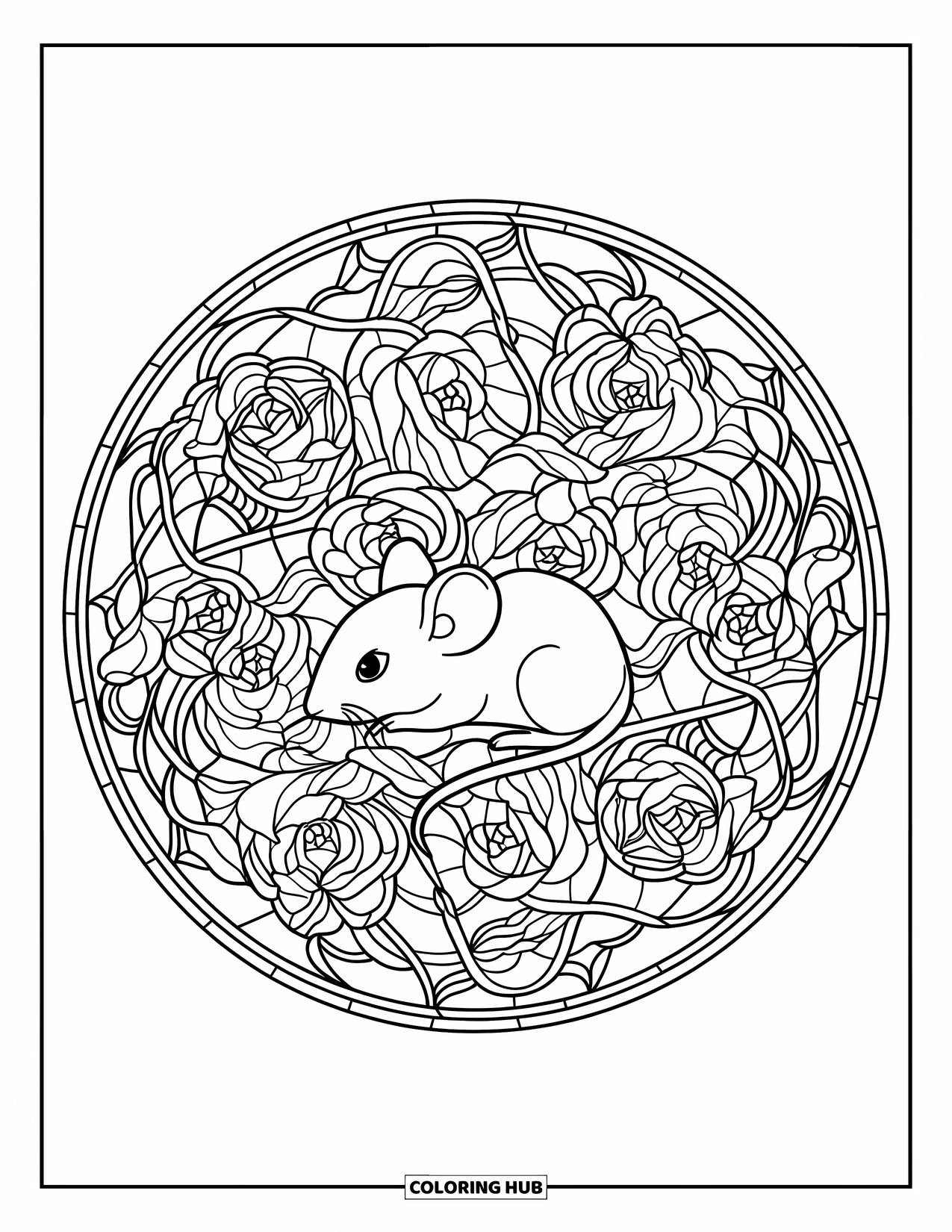 Mouse Coloring Page for Adults: A mouse is nestled in a round stained glass of roses and twisting vines