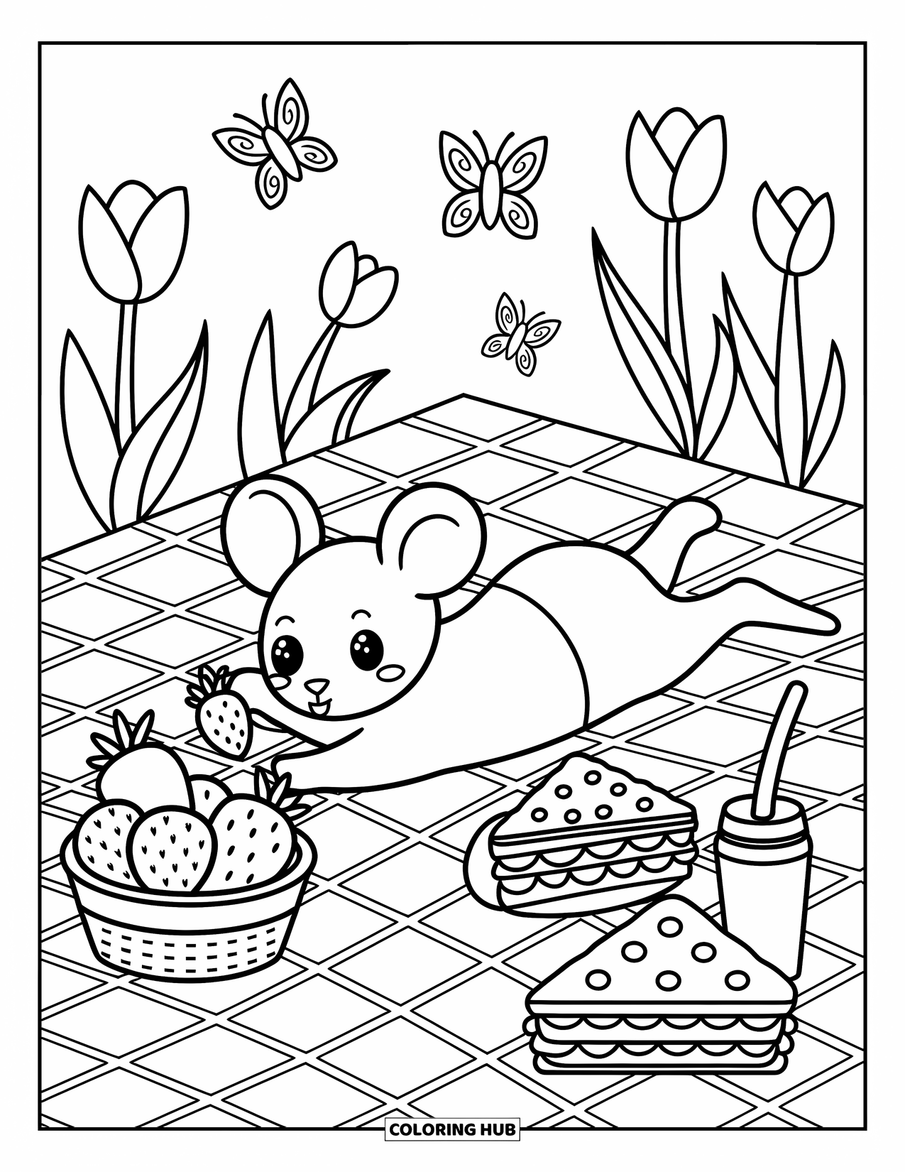 Mouse Coloring Page for Adults: A mouse lies on a blanket, reaching for strawberries beside pie, tulips, and butterflies