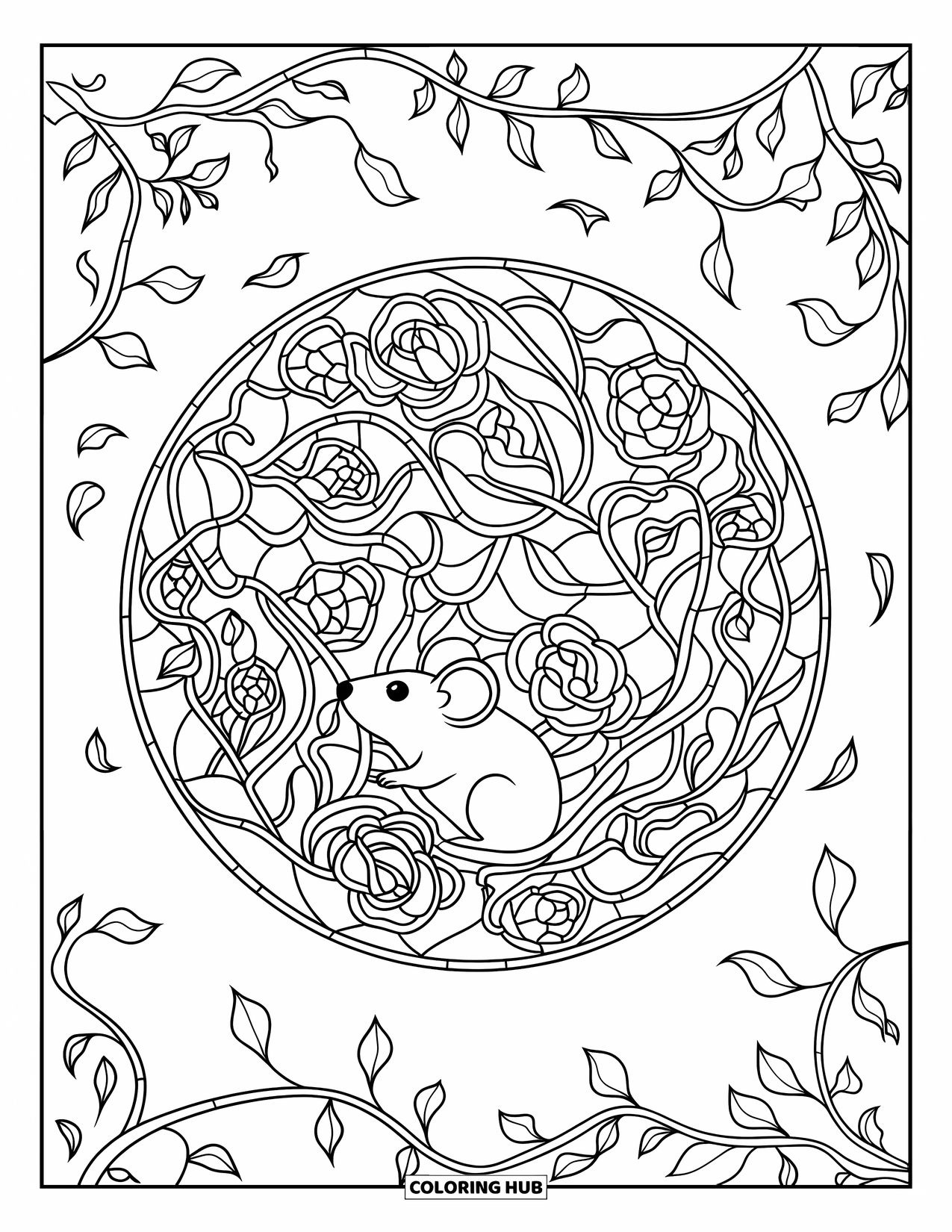 Mouse Coloring Page for Adults: A mouse on a branch looks up at detailed roses and vines in a round frame