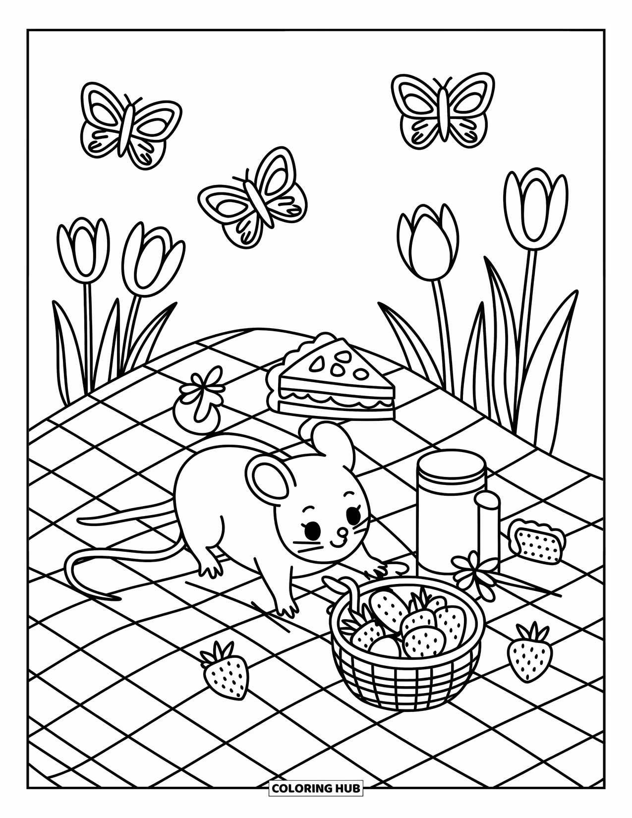 Mouse Coloring Page for Adults: A mouse reaches for a strawberry on a picnic, with pie and tulips all around