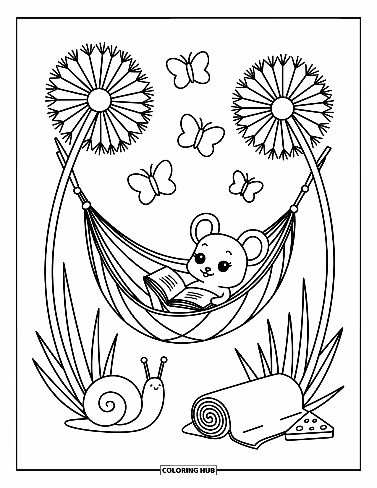 Mouse Coloring Page for Adults: A mouse relaxes in a leaf hammock between dandelions, holding a tiny open book