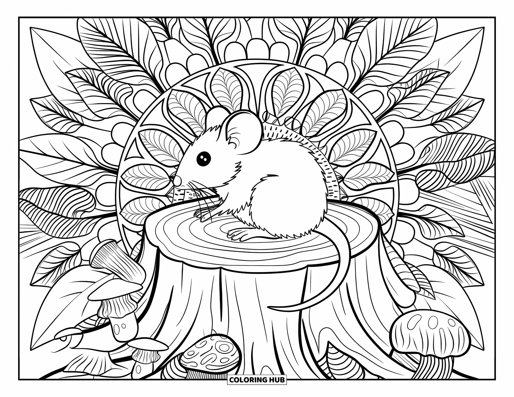 Mouse Coloring Page for Adults: A mouse sits calmly on a stump surrounded by intricate leaves, bark, and mushroom patterns