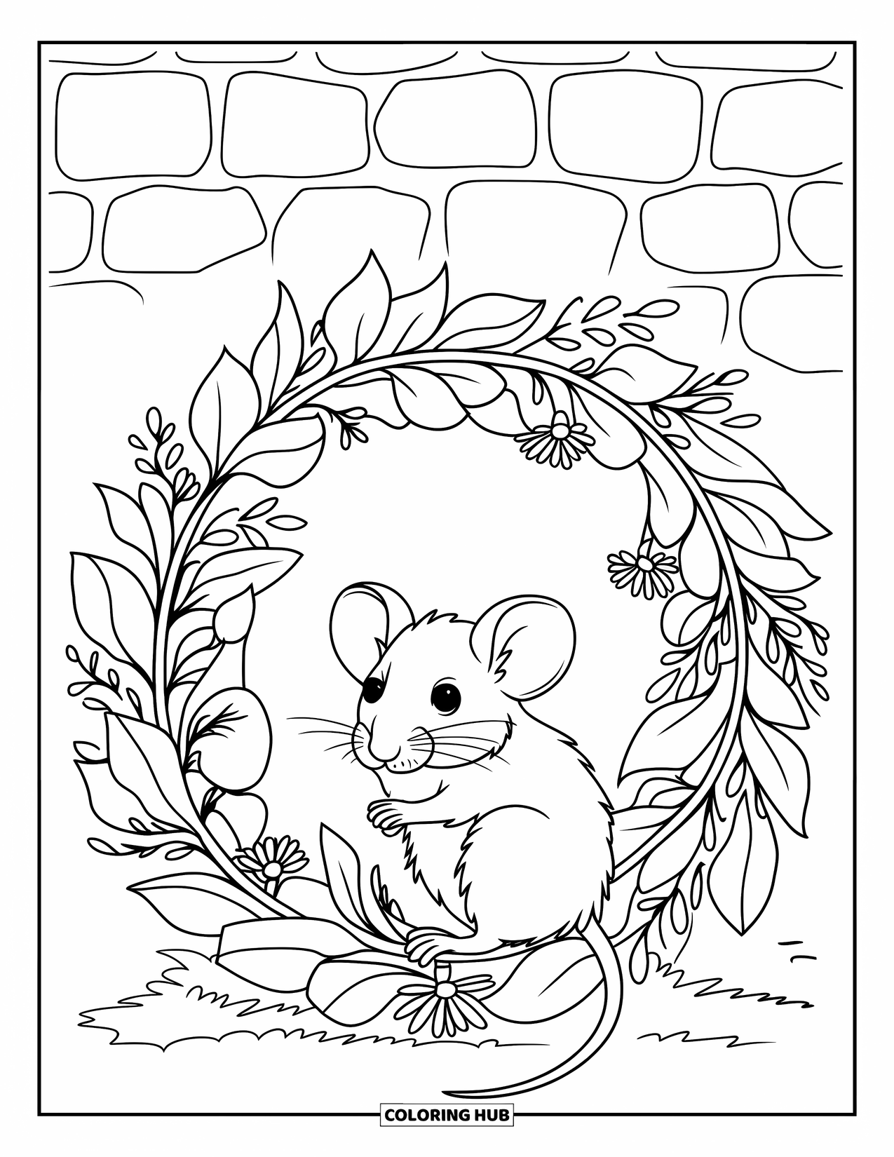 Mouse Coloring Page for Adults: A mouse sits on a branch inside a wreath of flowers and leafy vines