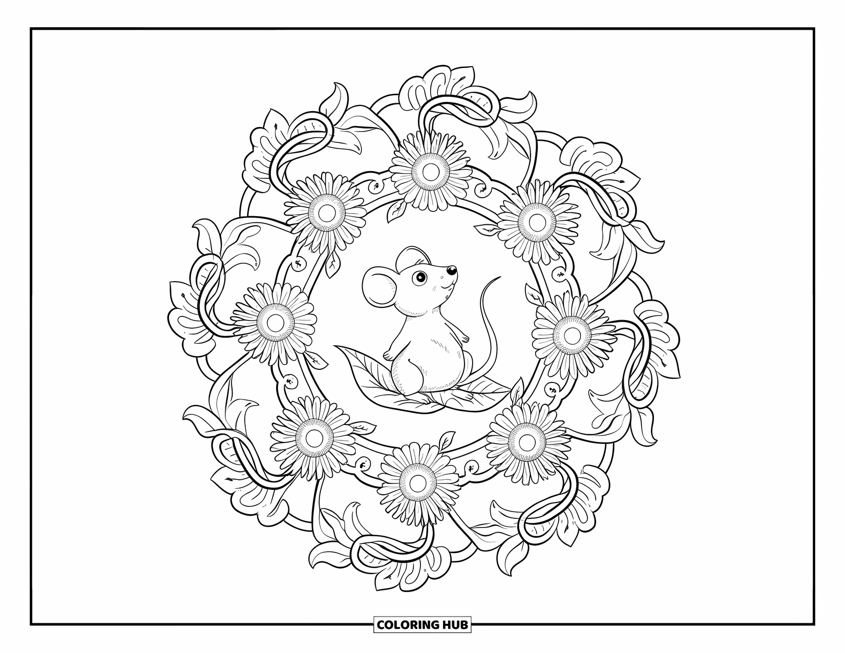 Mouse Coloring Page for Adults: A mouse sits on a leaf and gazes up among curling vines and large sunflowers