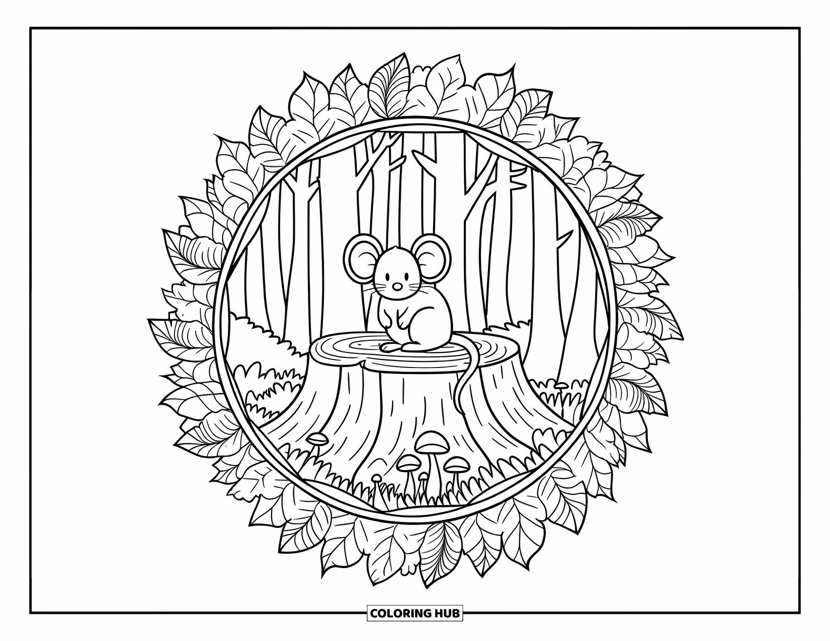 Mouse Coloring Page for Adults: A mouse sits on a stump framed by leaves, mushrooms, and tall forest trees