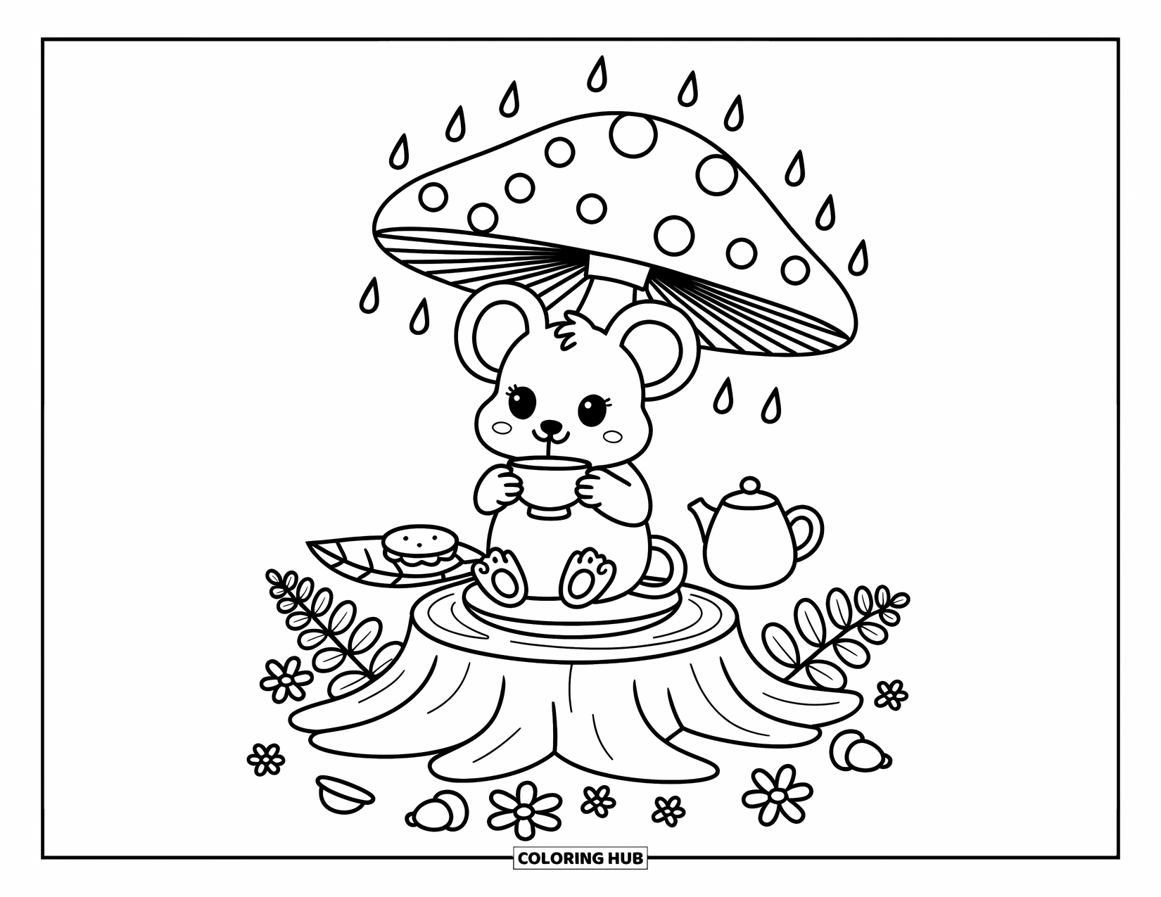 Mouse Coloring Page for Adults: A mouse sits on a stump, sipping tea under a mushroom umbrella in the rain