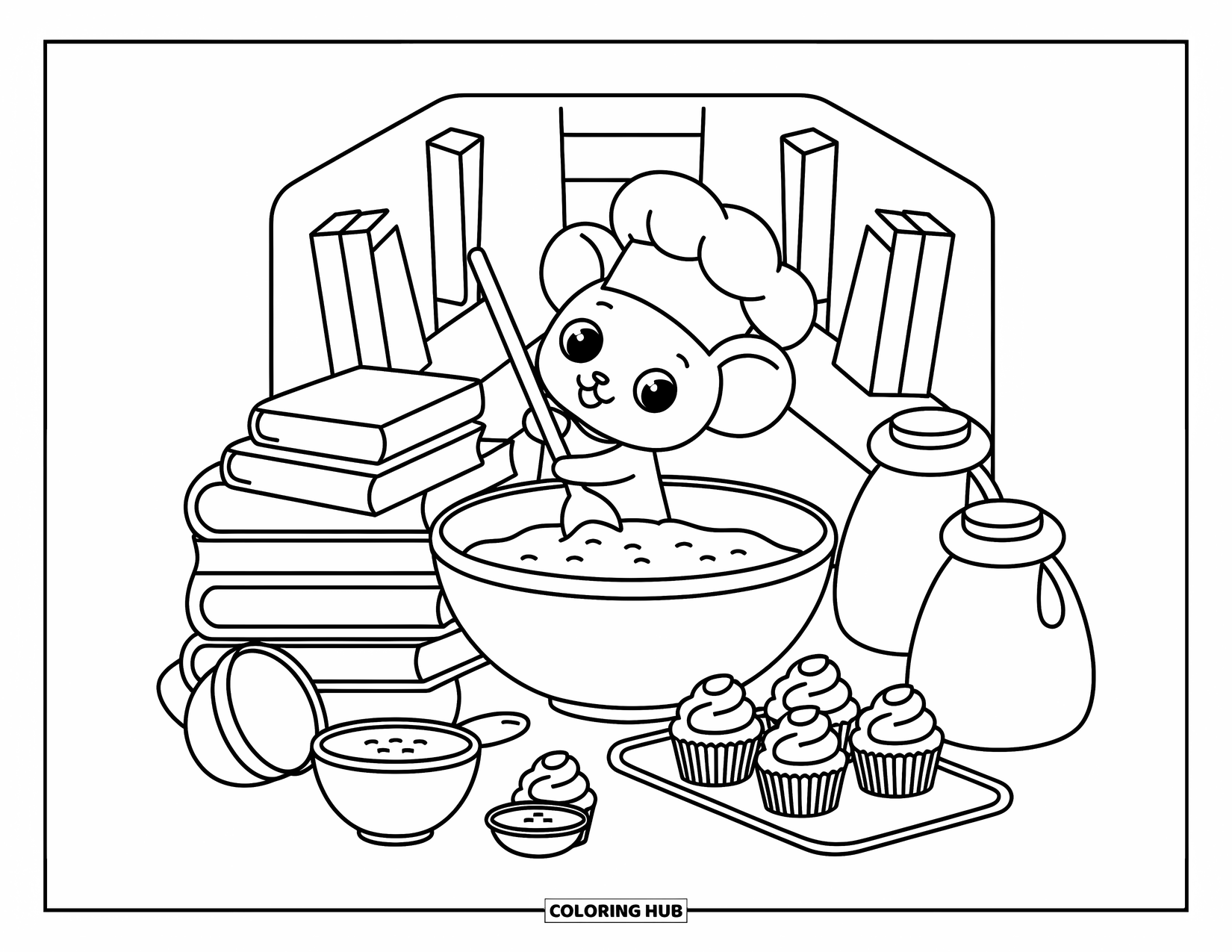 Mouse Coloring Page for Adults: A mouse stands on books stirring cupcake batter, with tiny baking tools scattered around