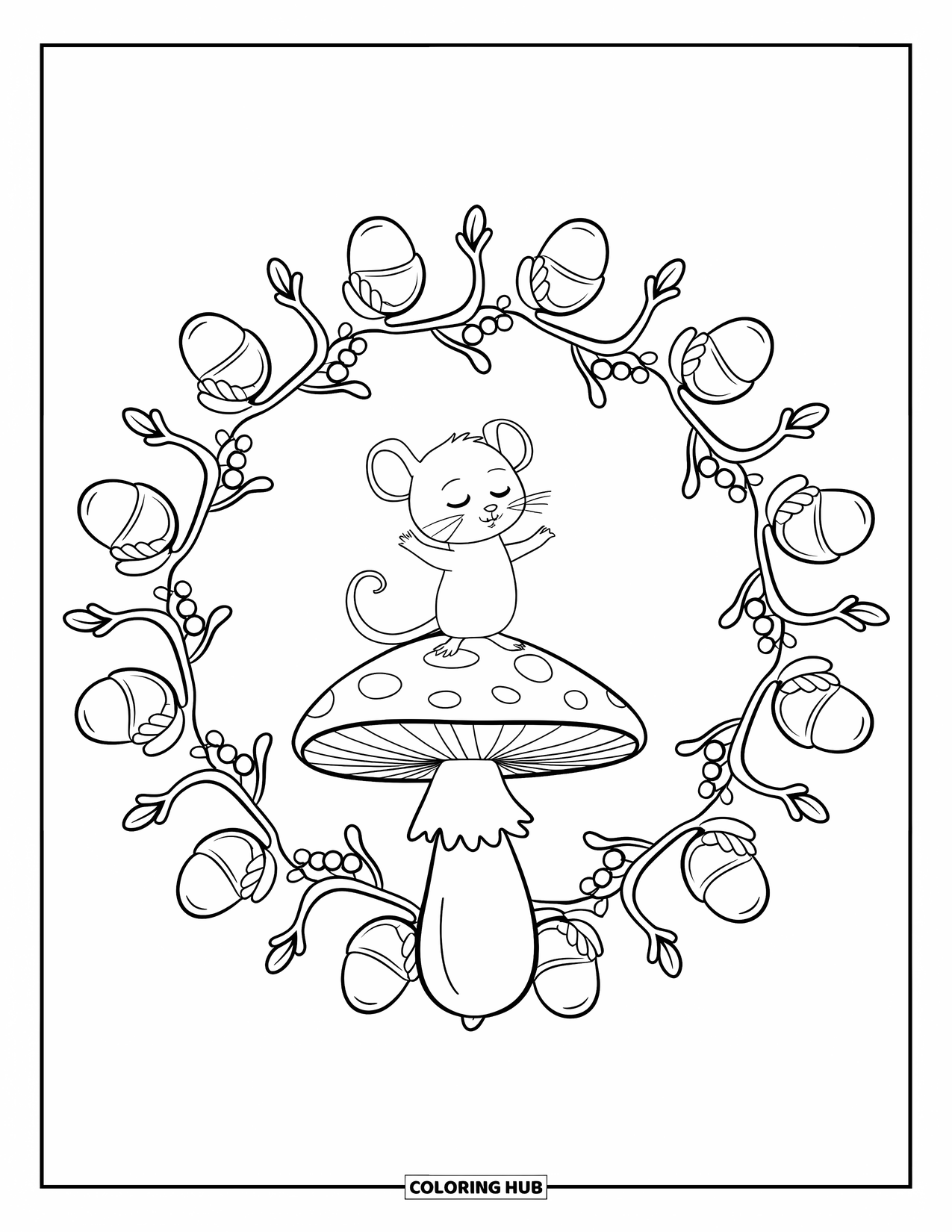 Mouse Coloring Page for Adults: A mouse stands proudly on a mushroom surrounded by acorns, berries, and swirling twigs