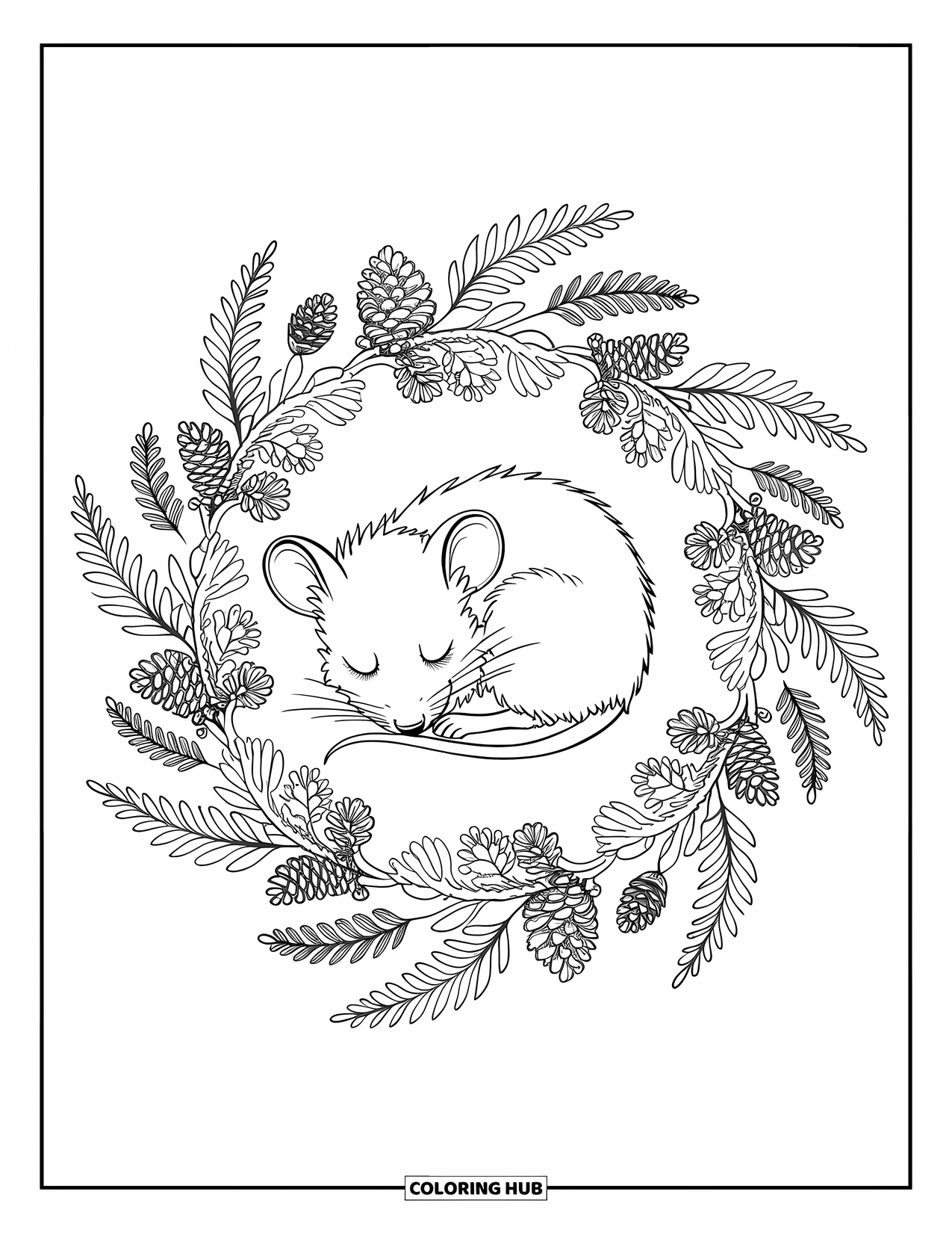 Mouse Coloring Page for Adults: A sleeping mouse curls up in a mandala of ferns, pinecones, and wildflowers