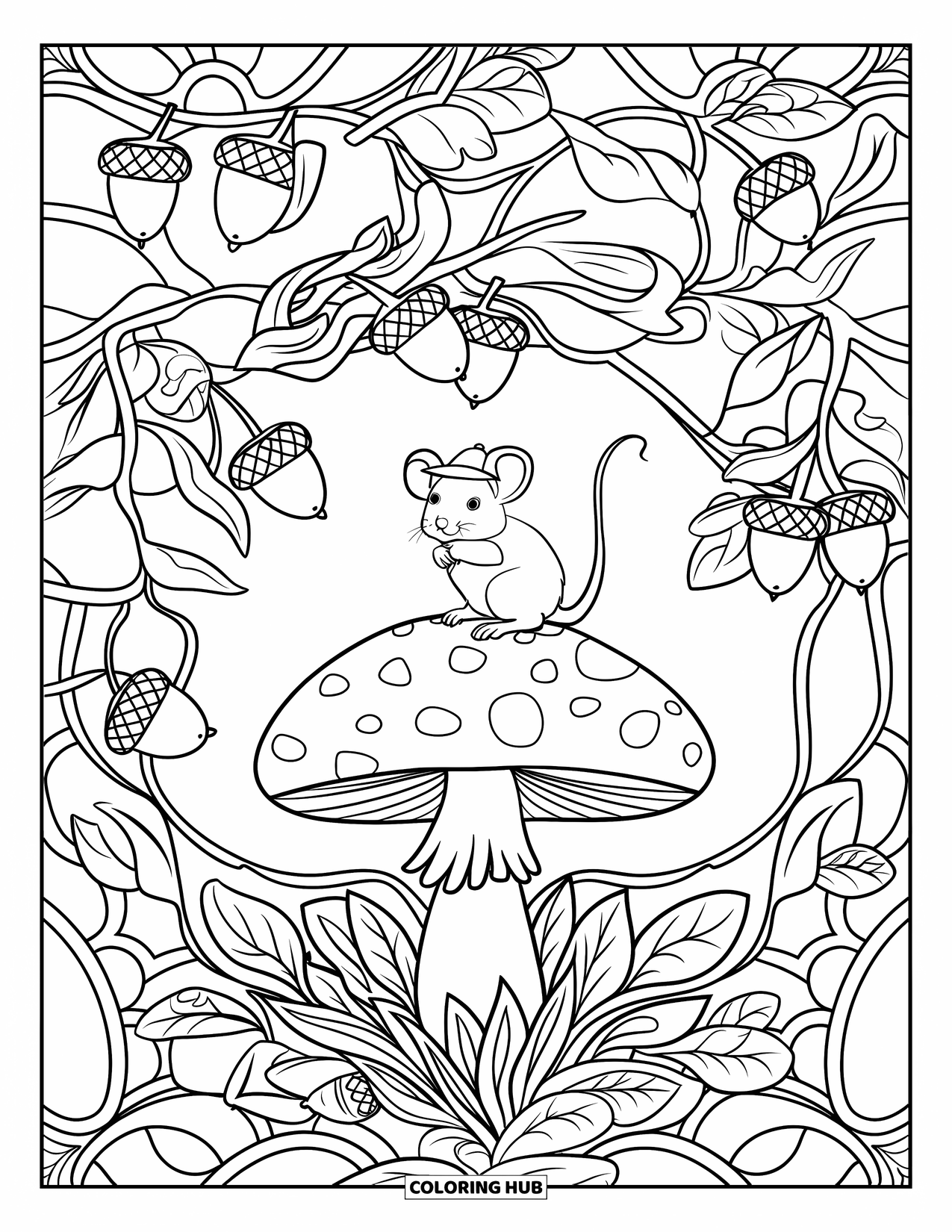 Mouse Coloring Page for Adults: A tiny mouse in a hat stands on a mushroom among vines, twigs, and acorns