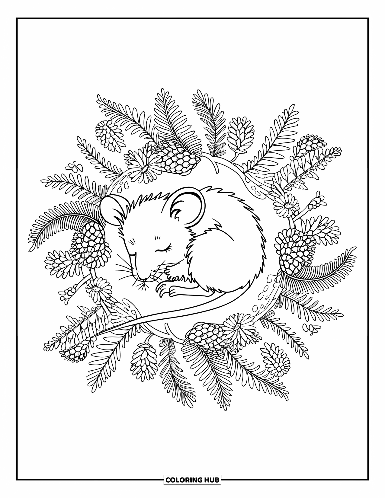 Mouse Coloring Page for Adults: A tiny mouse sleeps surrounded by a circle of ferns, flowers, and pinecones