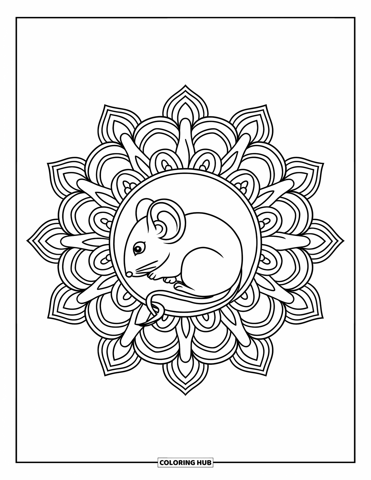 Mouse Coloring Page for Adults: A tiny sleeping mouse lies in the middle of an intricate circular mandala