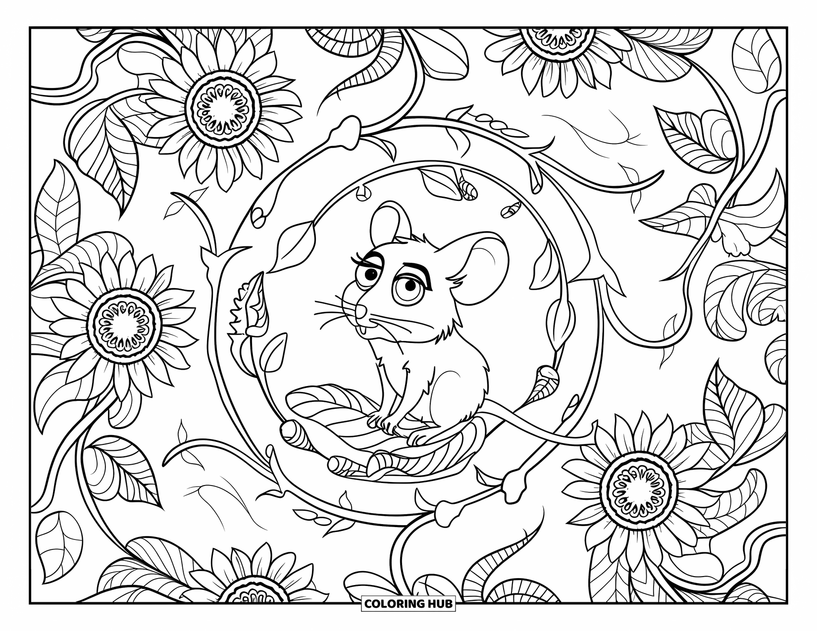 Mouse Coloring Page for Adults: A wide-eyed mouse on a leaf is framed by ivy and sunflowers in a mandala pattern
