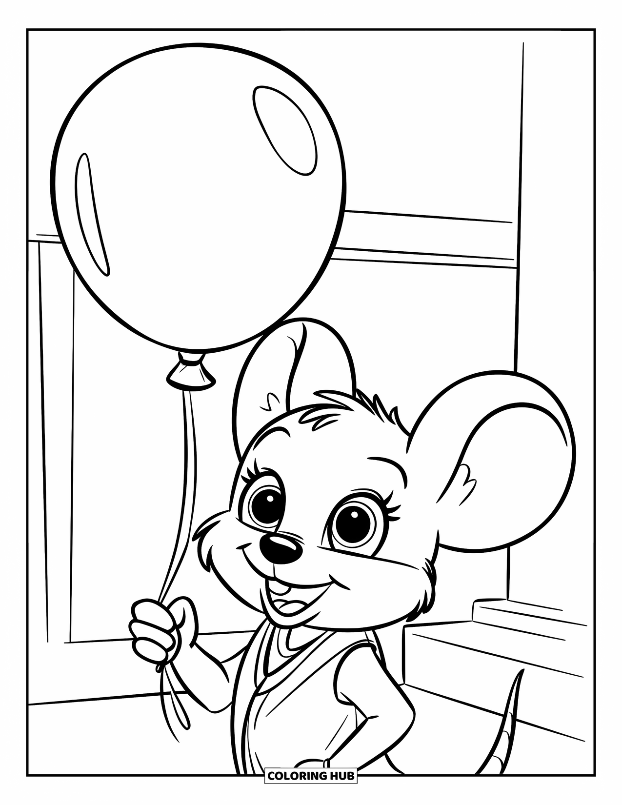 Mouse Coloring Page for Kids: A cheerful mouse in a vest holds a balloon in a bright, open space