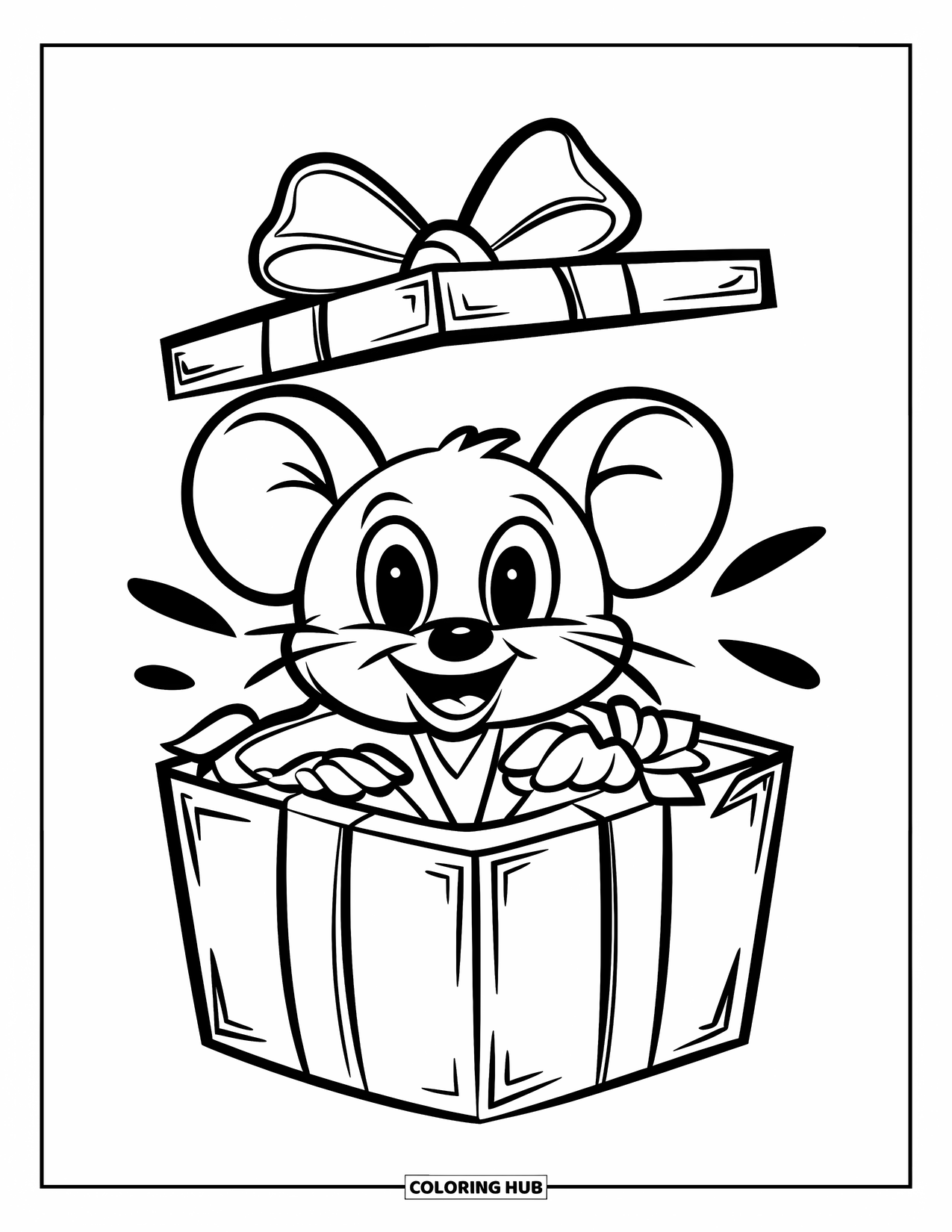 Mouse Coloring Page for Kids: A cheerful mouse with a bow tie pops out of a neatly wrapped gift box