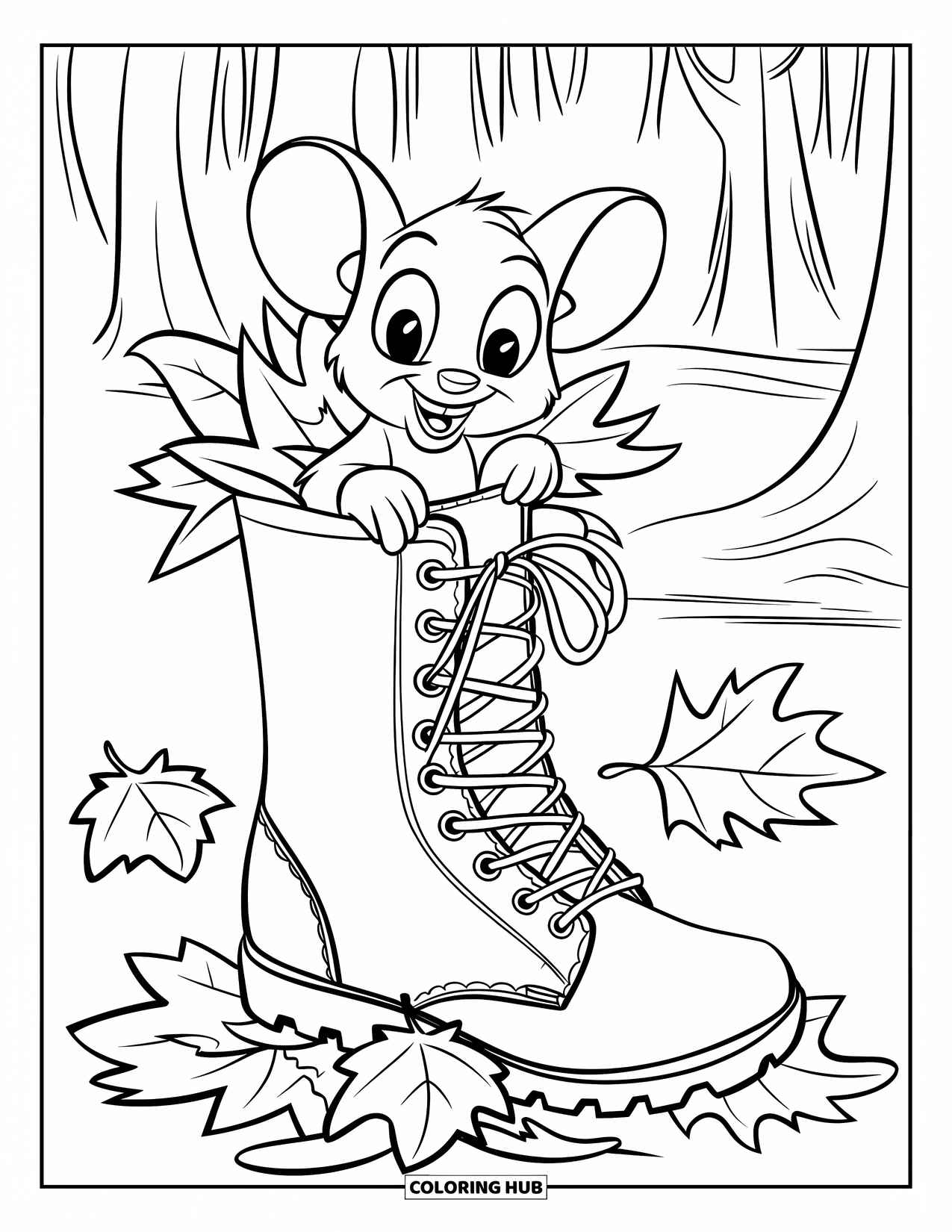 Mouse Coloring Page for Kids: A curious mouse peeks out of a boot surrounded by forest leaves