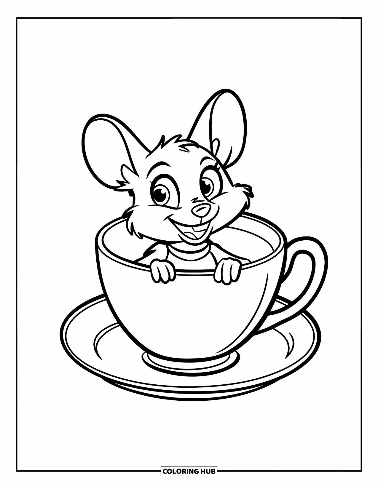 Mouse Coloring Page for Kids: A curious mouse peeks out of a teacup with wide, round eyes