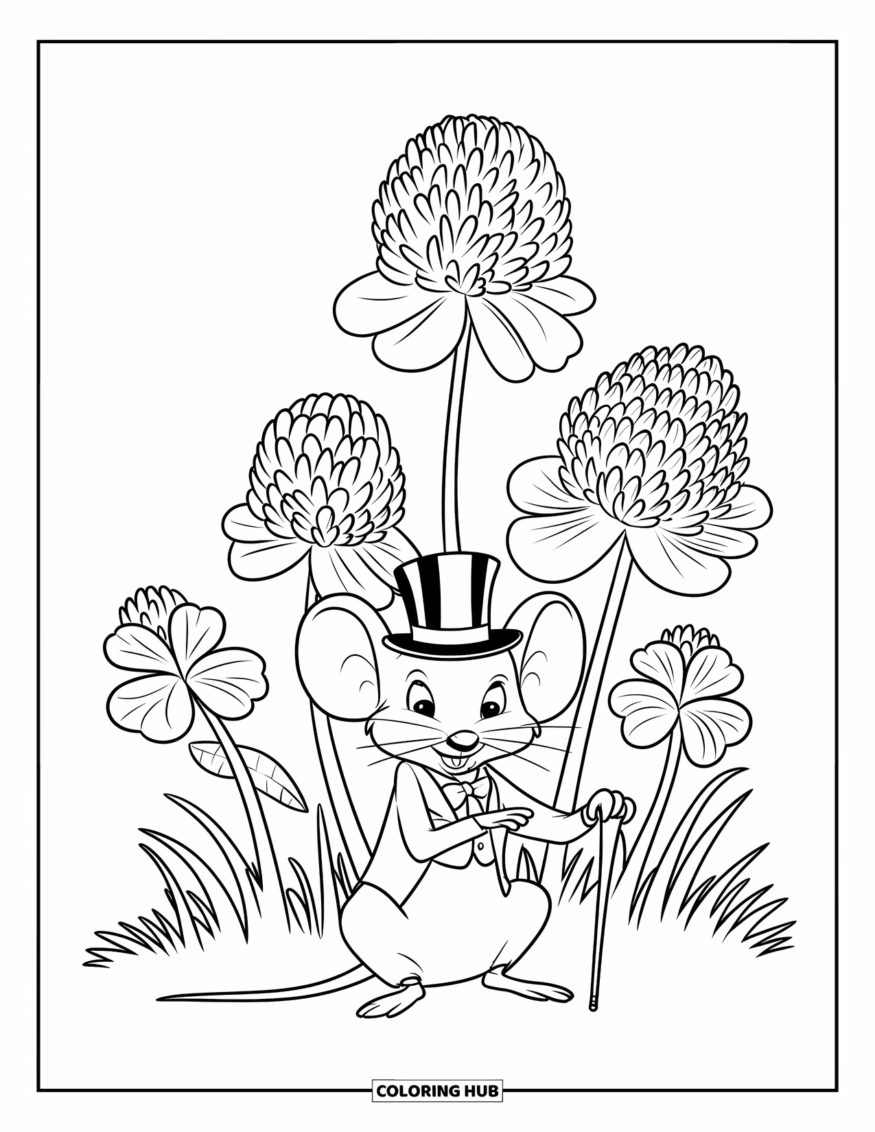 Mouse Coloring Page for Kids: A dapper mouse with a cane relaxes under clovers in the grass