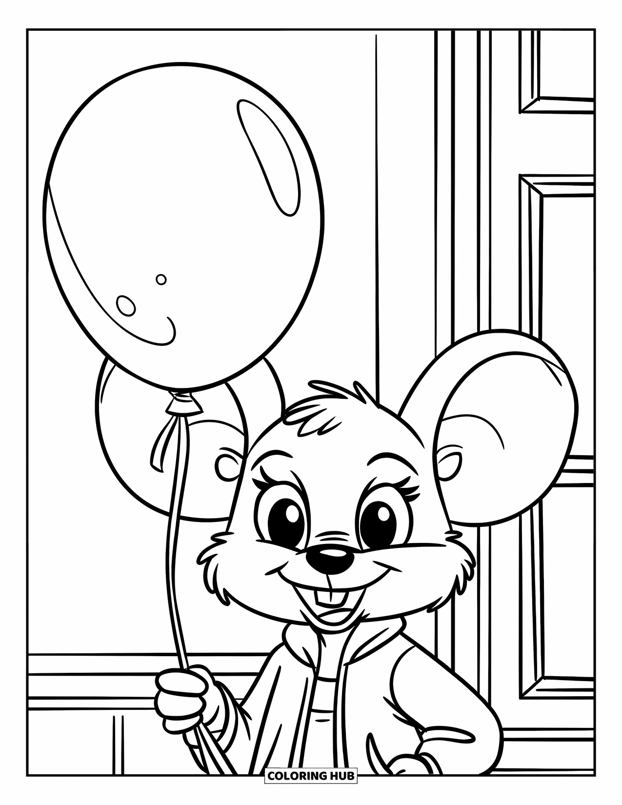 Mouse Coloring Page for Kids: A happy mouse in a jacket holds a balloon near a window