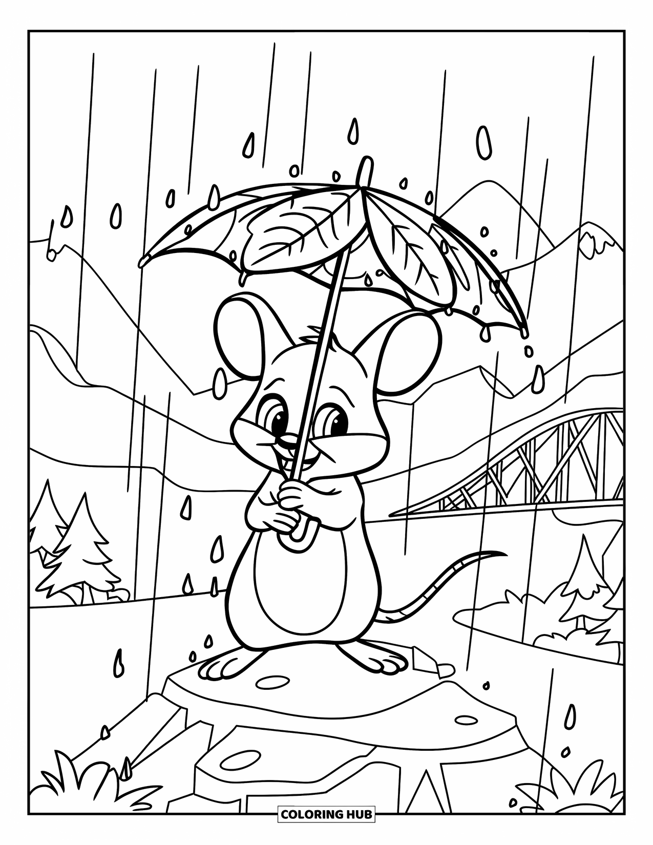 Mouse Coloring Page for Kids: A little mouse on a rock shelters from the rain with a leaf umbrella