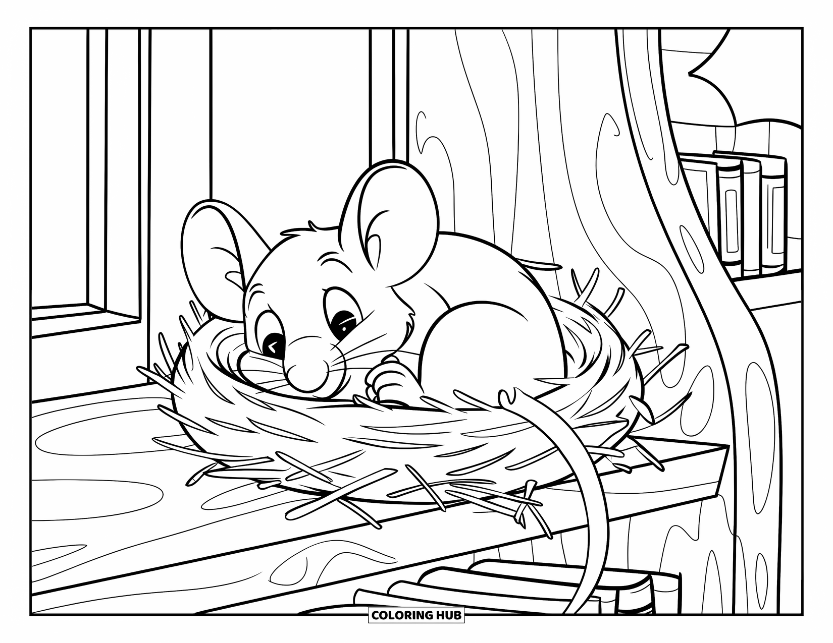 Mouse Coloring Page for Kids: A mouse curls up in a straw nest on a shelf in a cozy room