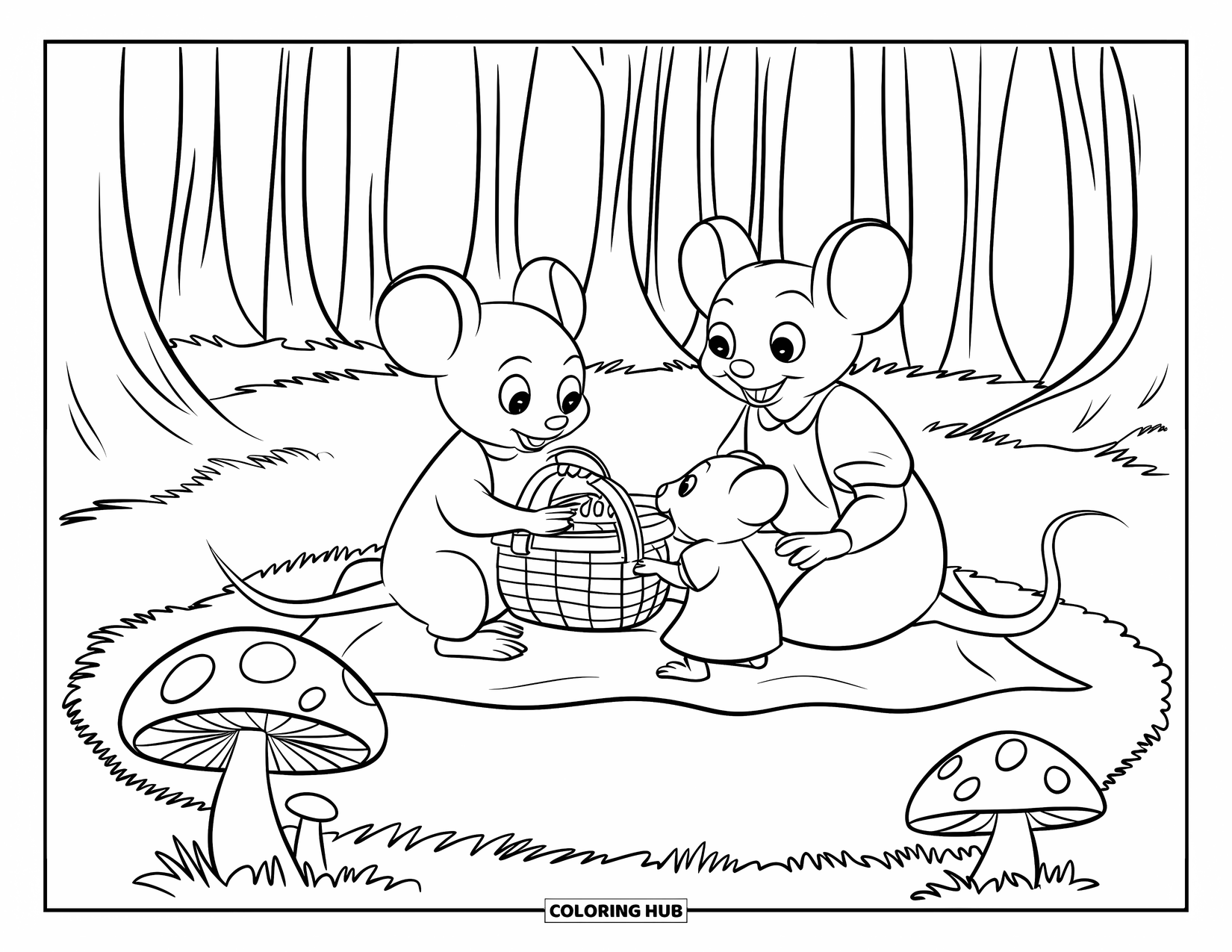 Mouse Coloring Page for Kids: A mouse family picnics by mushrooms with a blanket and basket nearby