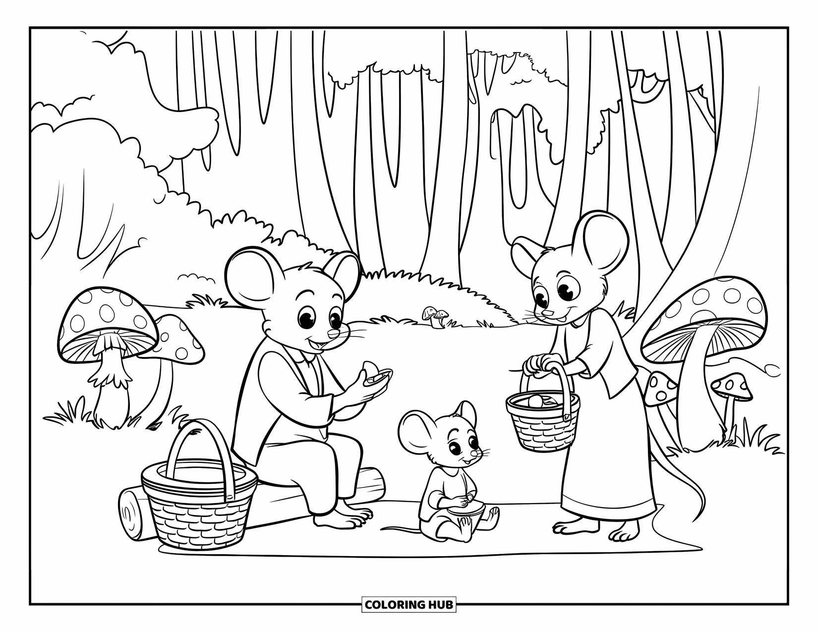 Mouse Coloring Page for Kids: A mouse family relaxes at a picnic near mushrooms in a dense forest