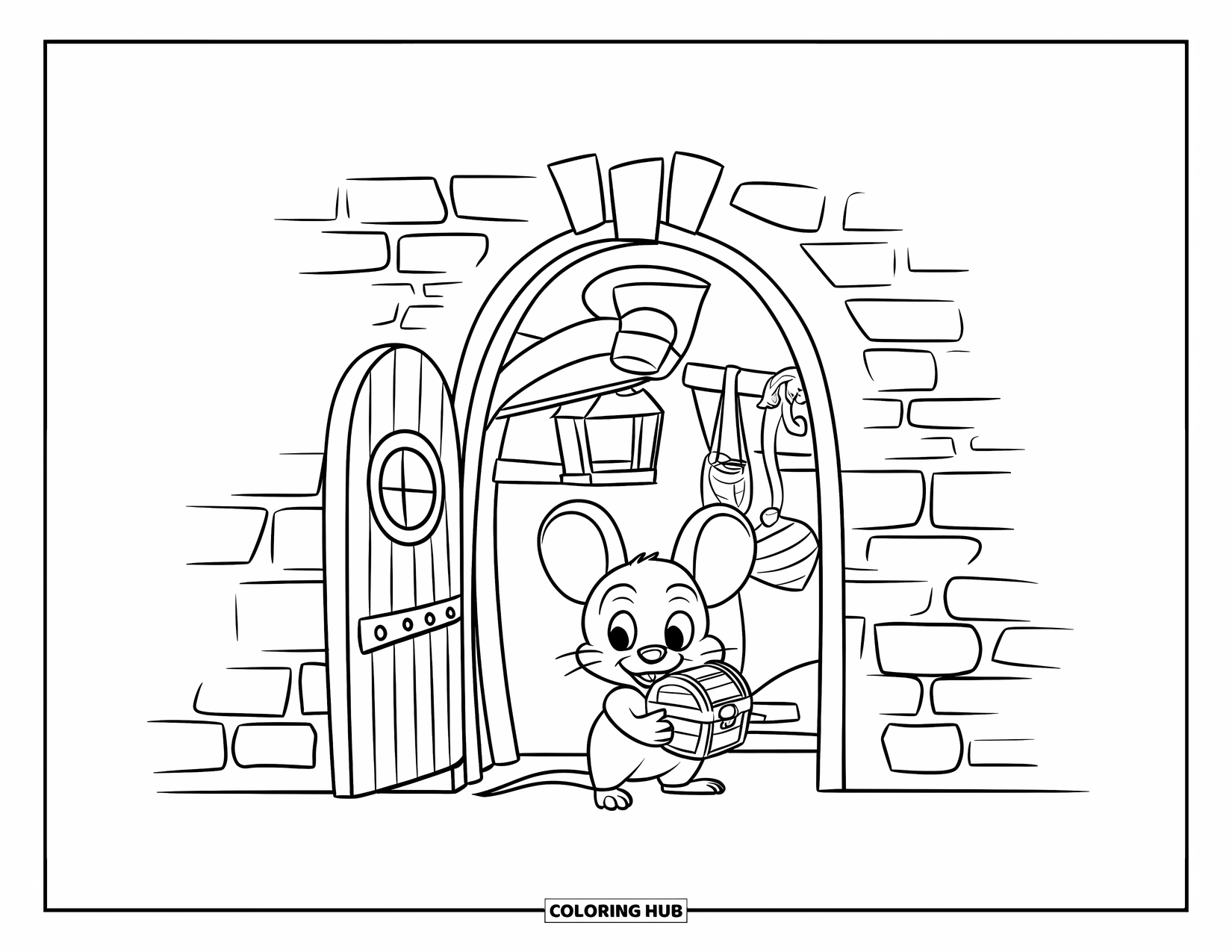 Mouse Coloring Page for Kids: A mouse hides behind a brick wall, holding a tiny treasure chest