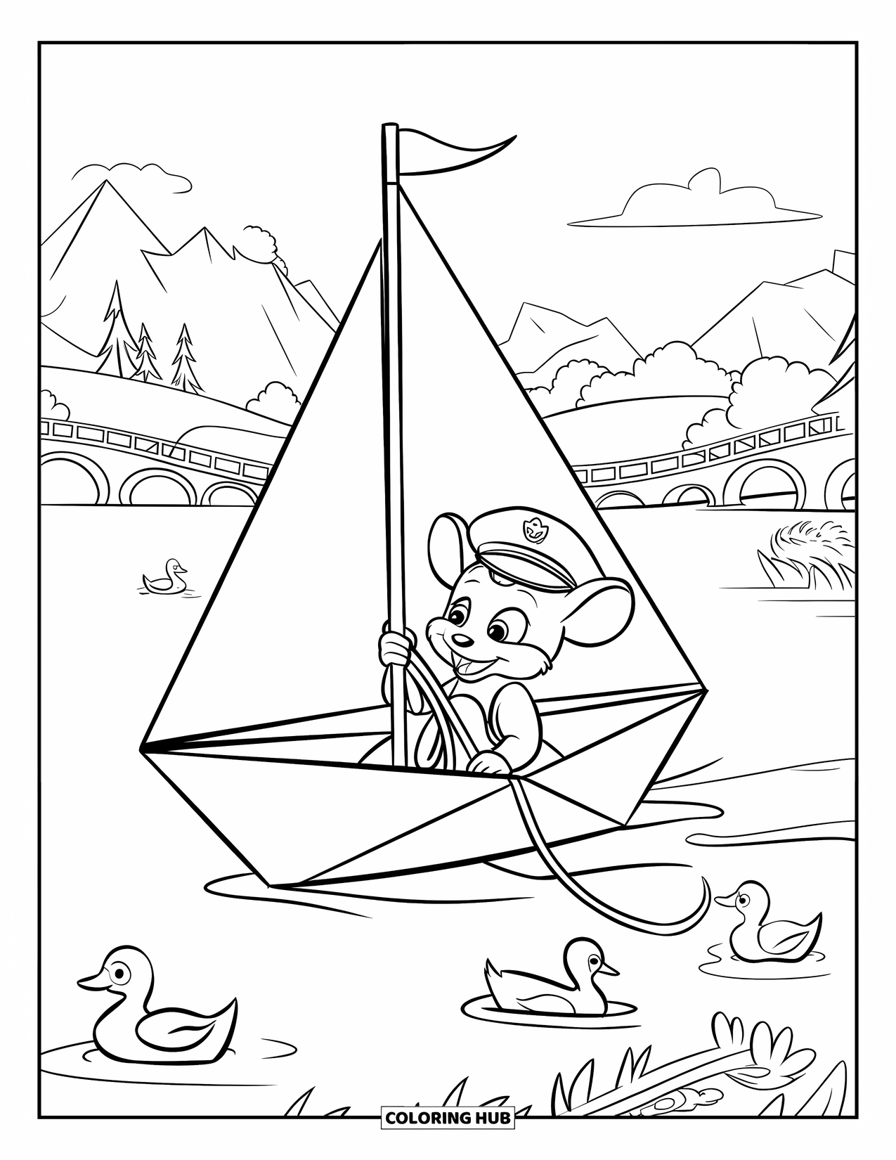 Mouse Coloring Page for Kids: A mouse in a captain's hat sails past ducks, trees, and mountains