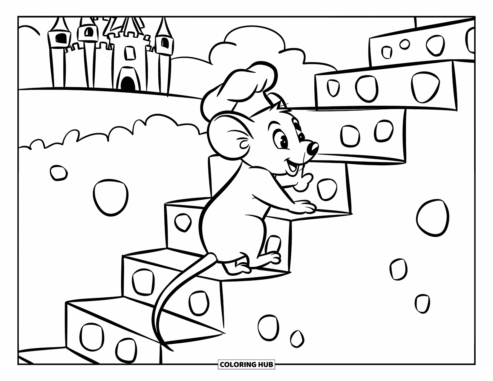 Mouse Coloring Page for Kids: A mouse in a chef hat climbs cheese cube stairs with a castle behind