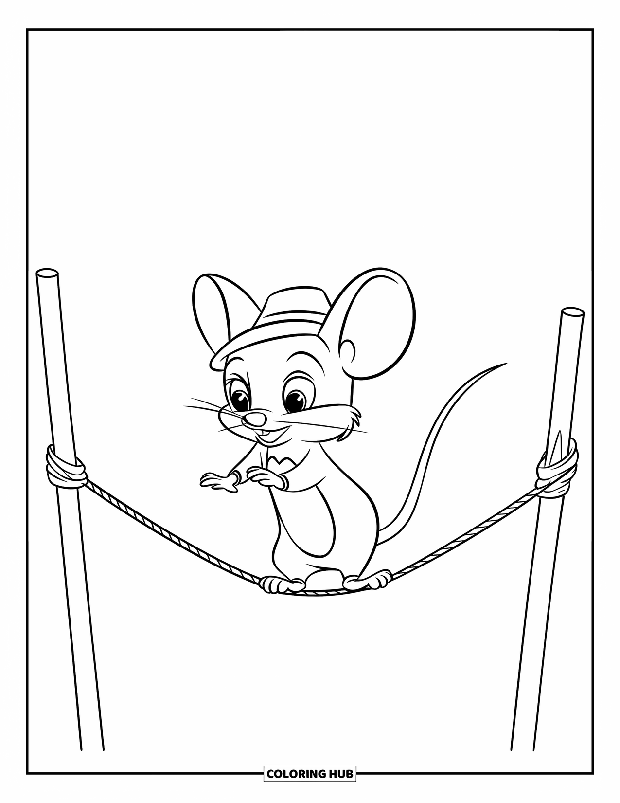 Mouse Coloring Page for Kids: A mouse in a hat carefully walks a tightrope stretched between two poles