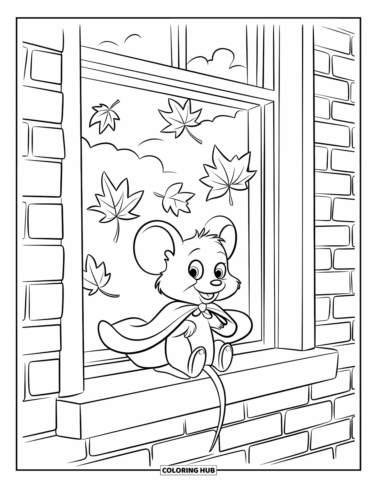 Mouse Coloring Page for Kids: A mouse in a red cape sits on a brick windowsill under cloudy skies
