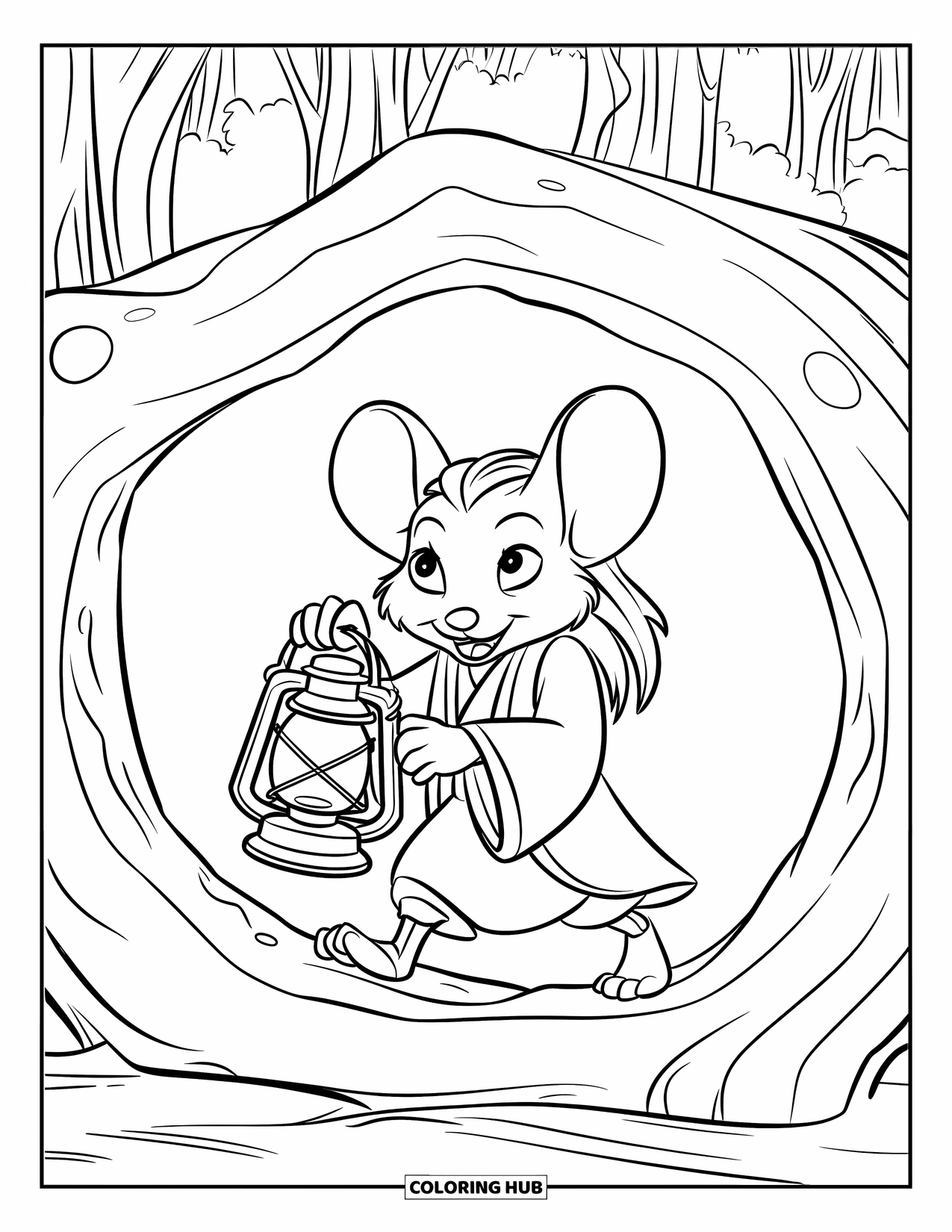 Mouse Coloring Page for Kids: A mouse in a robe carries a lantern inside a hollow forest log