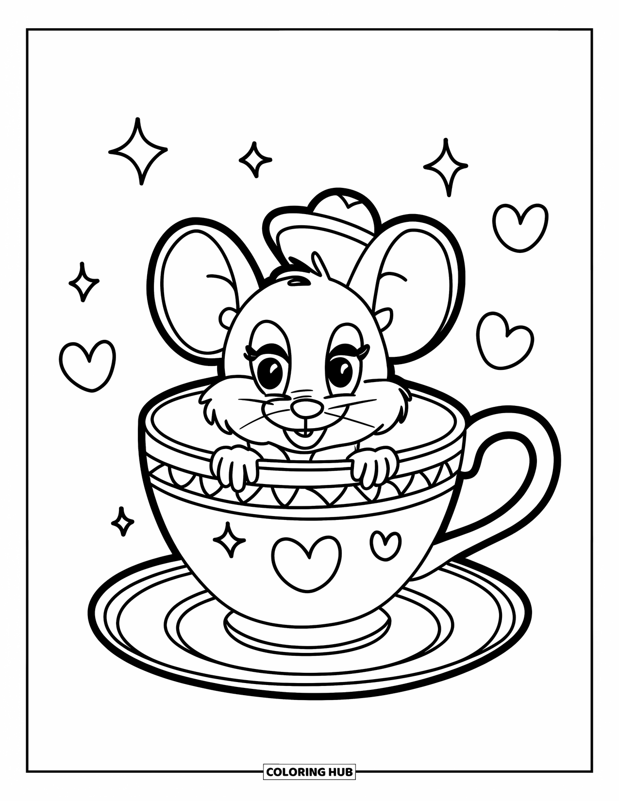 Mouse Coloring Page for Kids: A mouse in a tiny hat peeks from a teacup surrounded by hearts and stars