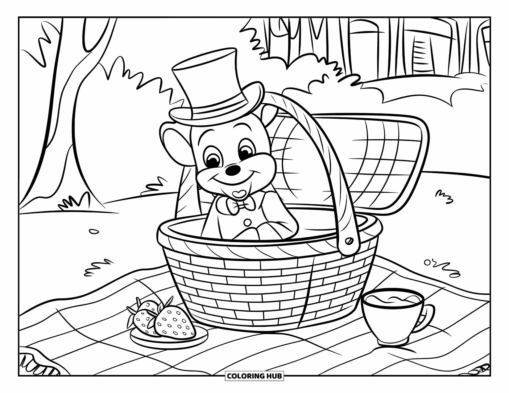 Mouse Coloring Page for Kids: A mouse in a top hat peeks from a basket on a picnic blanket