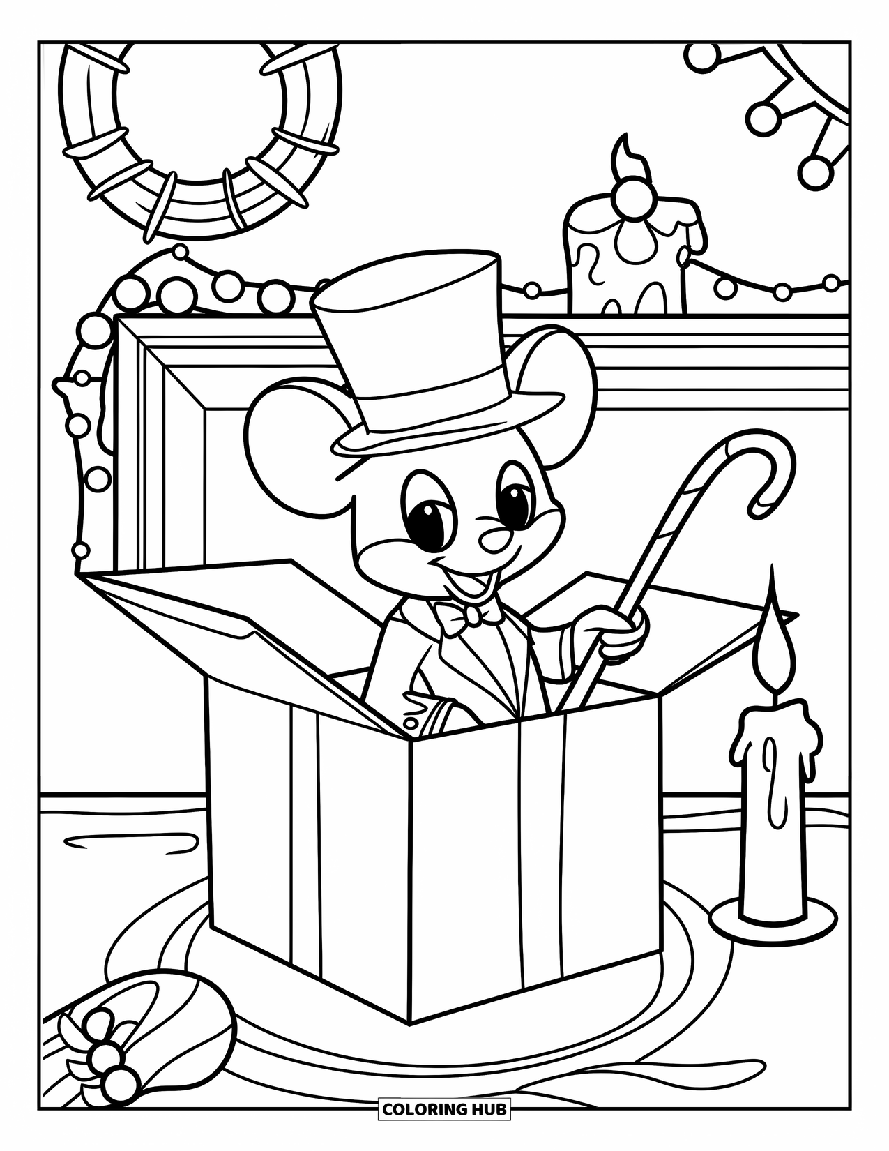 Mouse Coloring Page for Kids: A mouse in a tuxedo pops out of a gift box with festive decorations