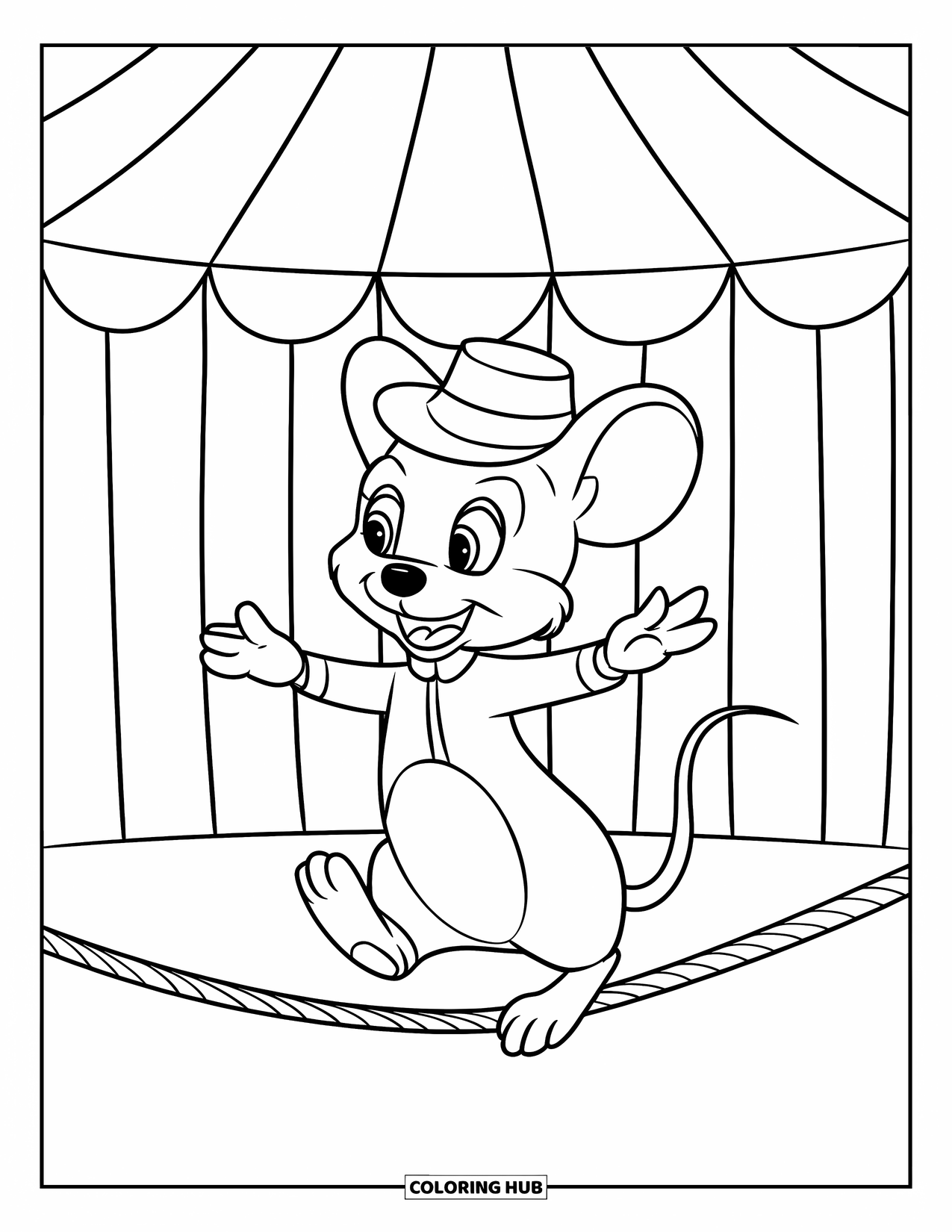 Mouse Coloring Page for Kids: A mouse on a tightrope walks across a circus tent with striped walls
