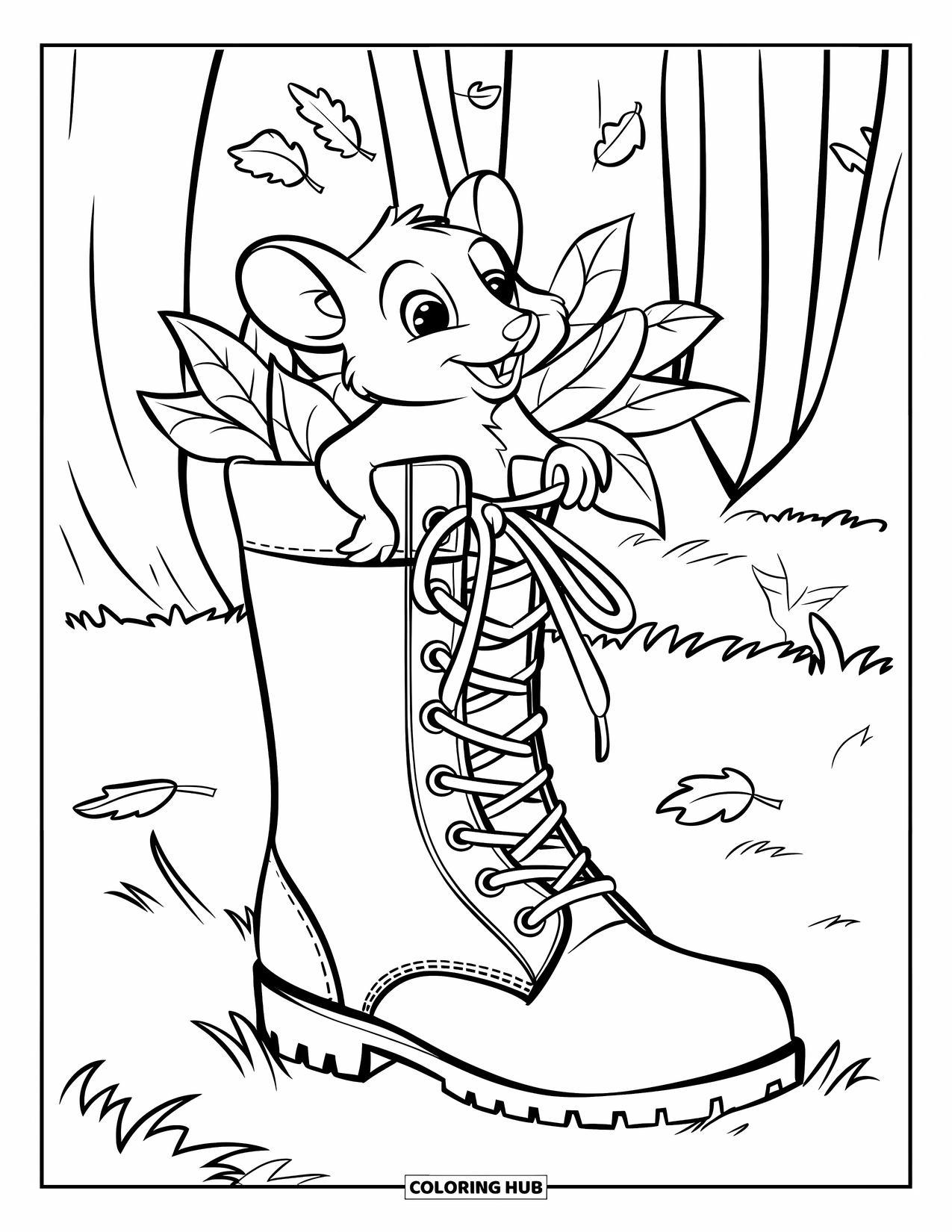 Mouse Coloring Page for Kids: A mouse peeks from a boot filled with leaves in a quiet grassy area