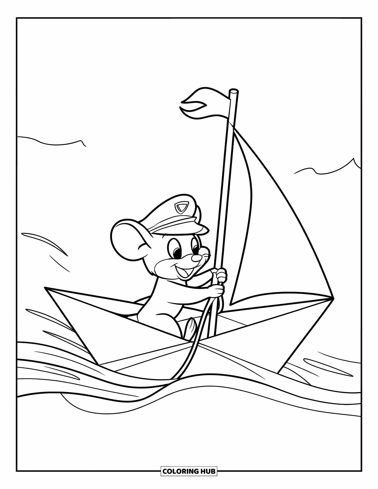 Mouse Coloring Page for Kids: A mouse sails in a paper boat, holding a rope and wearing a captain's hat