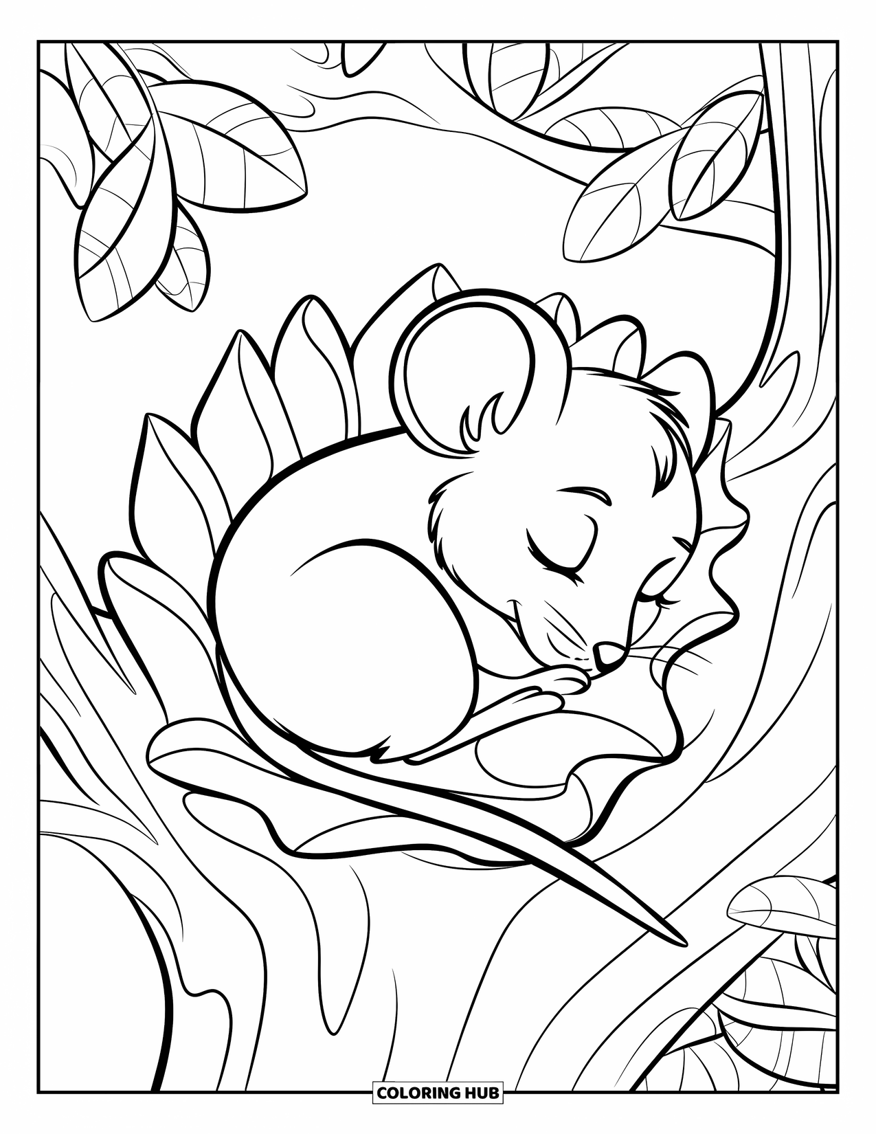 Mouse Coloring Page for Kids: A mouse sleeps in a leaf bed nestled on a branch with nearby leaves